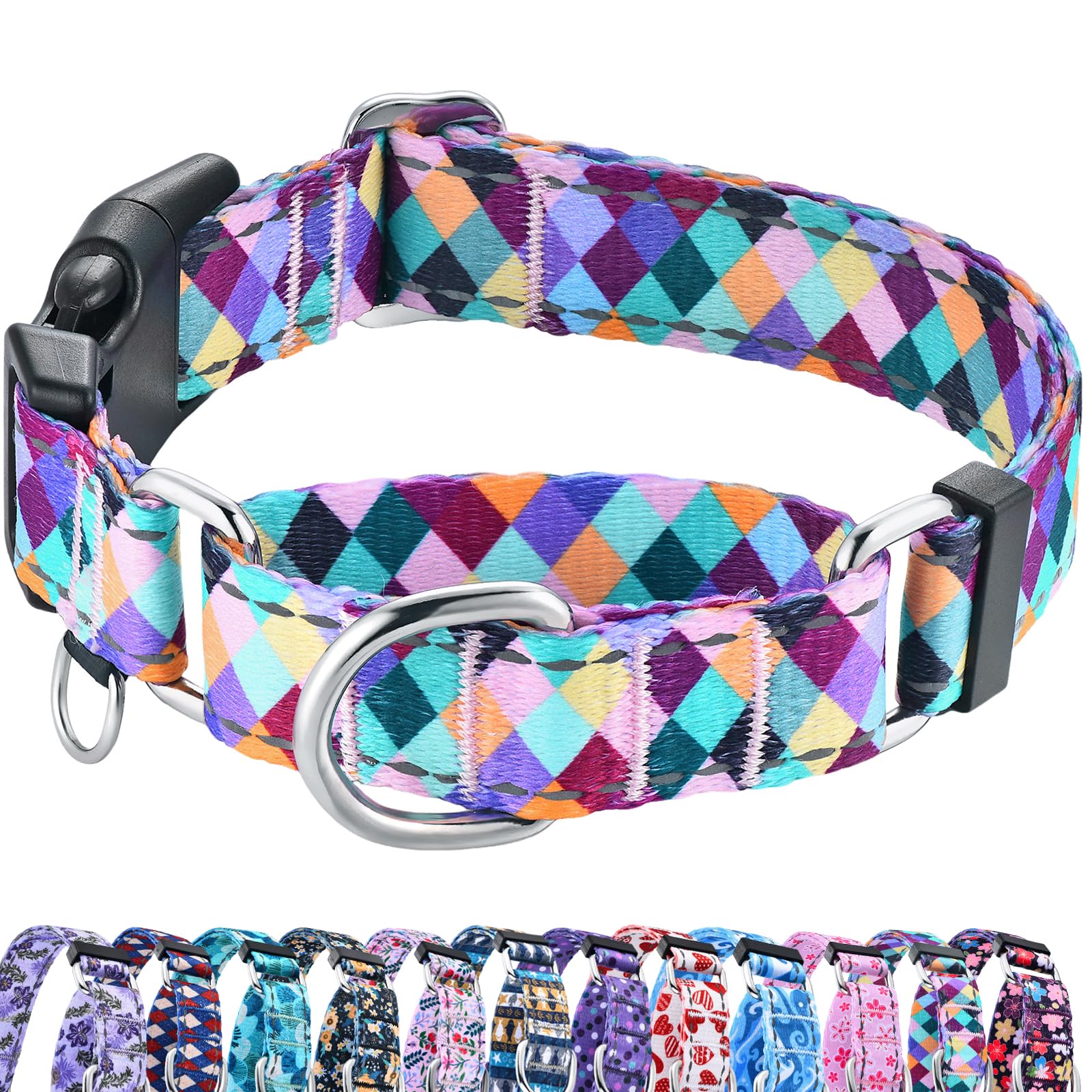 Fidohug Reflective Martingale Collar For Dogs With Quick Release Buckle No Pull Training Dog Collars (Colorful Geometric, Small)