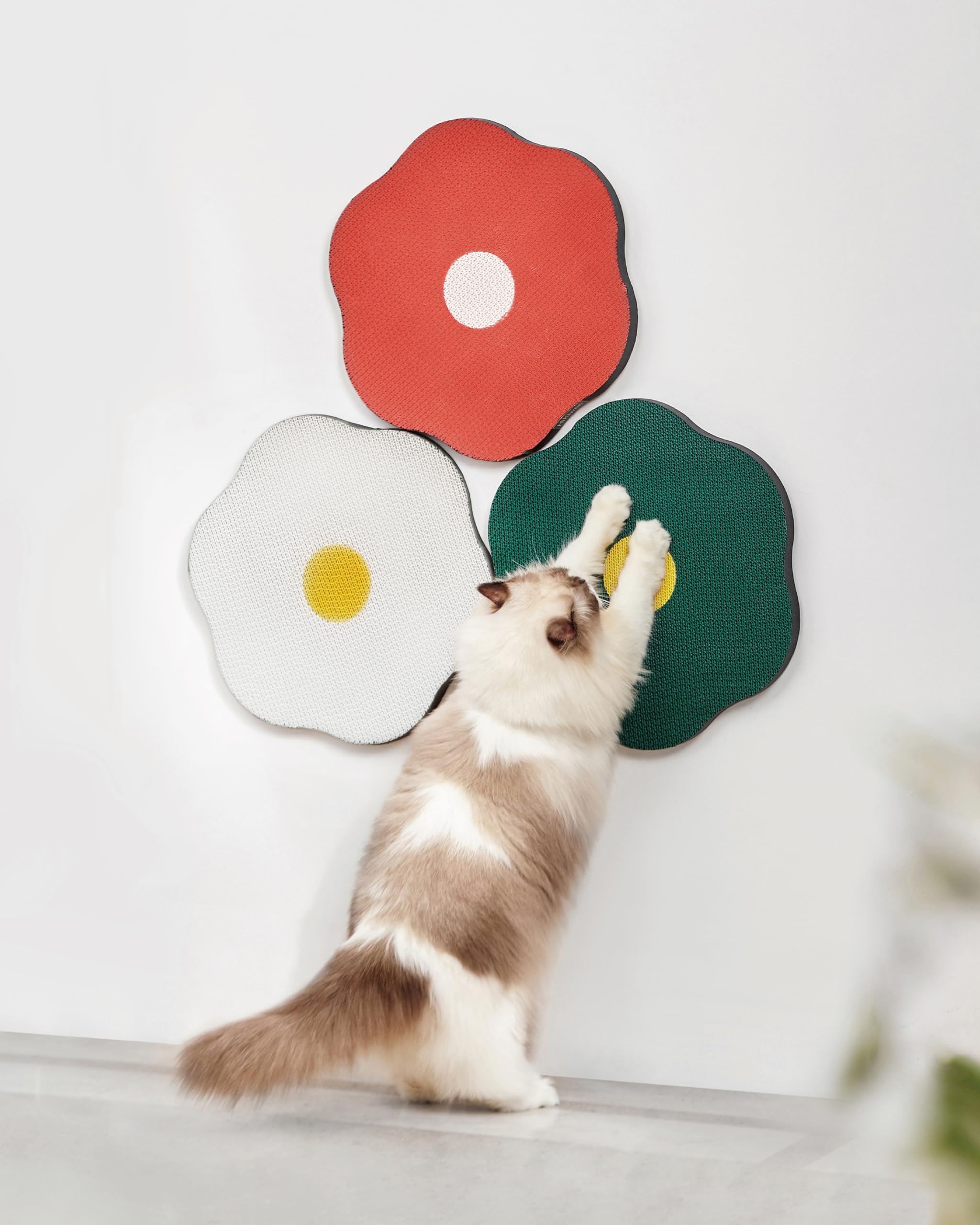 HiKiwee 3-Pack Wall-Mount Flower Cat Scratching Pads - Set of White, Red & Green for Home Decor, Furniture Protection from Cat C