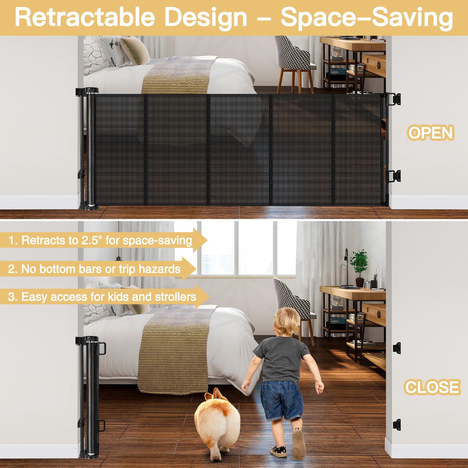 Reinforced 28 Inch Tall Retractable Dog Gate Small Baby Gate - Easy Step Over Dog Gate Short Pet Gate with Support Rods, 55'' Wi