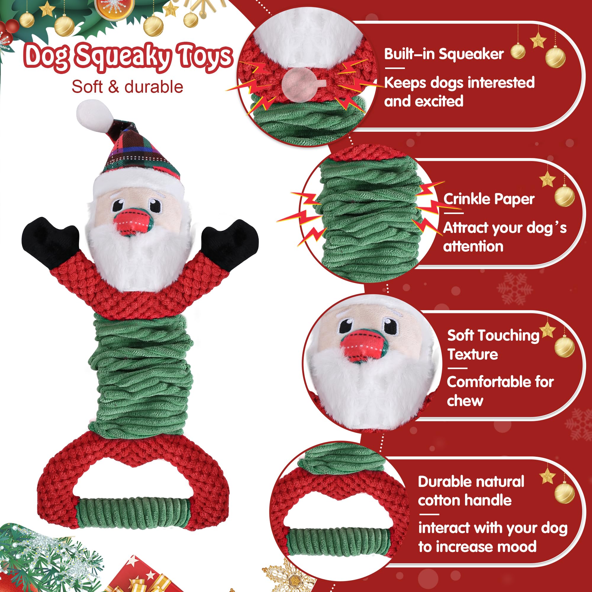 Newget Dog Plush Squeak Toy, Durable, Christmas, Medium, Large, Small Dogs, Puppy Teething, Chewing, Playing