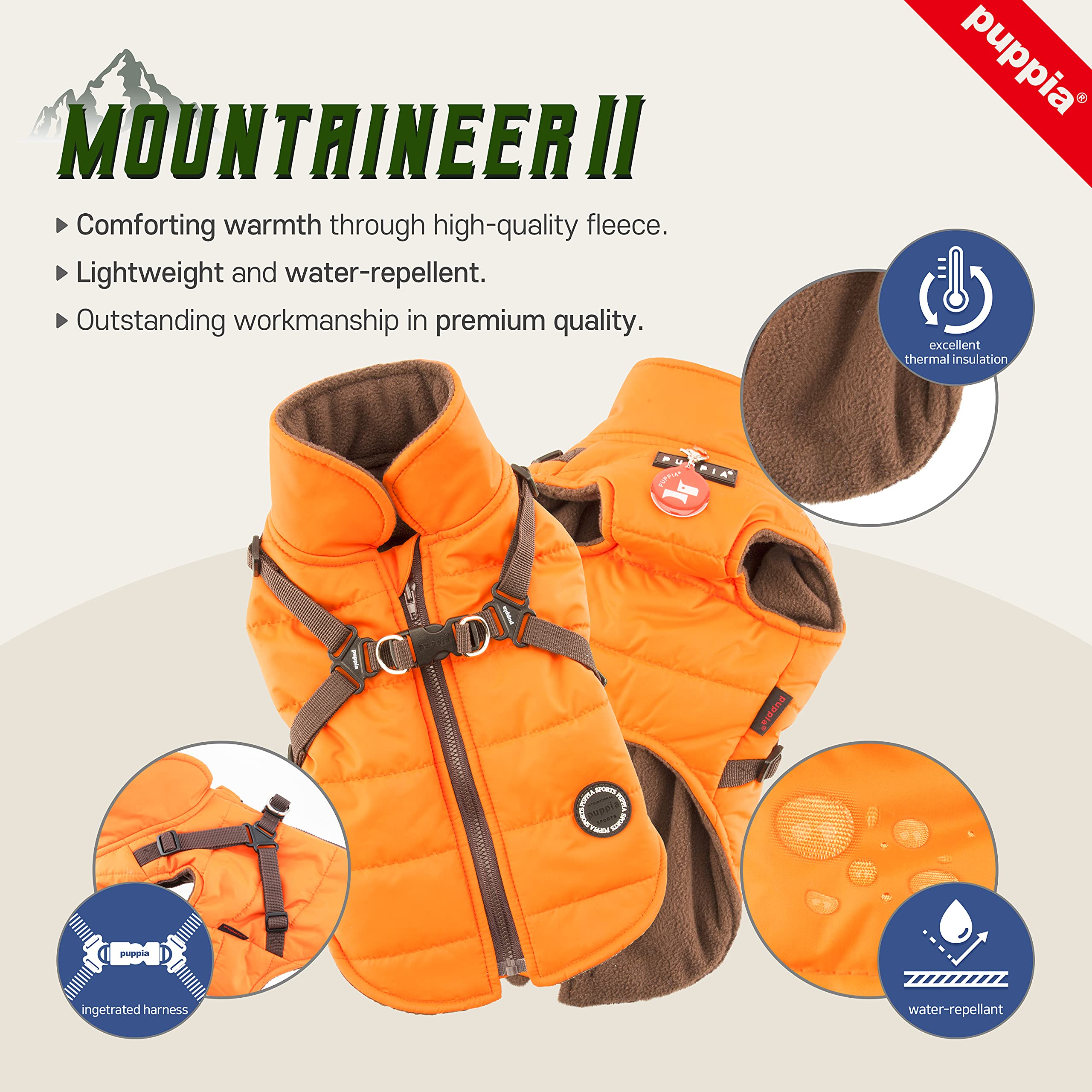 Puppia Mountaineer Winter Dog Coat With Integrated Harness No Pull Cold Weather Waterproof Warm Fleece Back Zipper For Small & Medium Dog, Pink, Medium