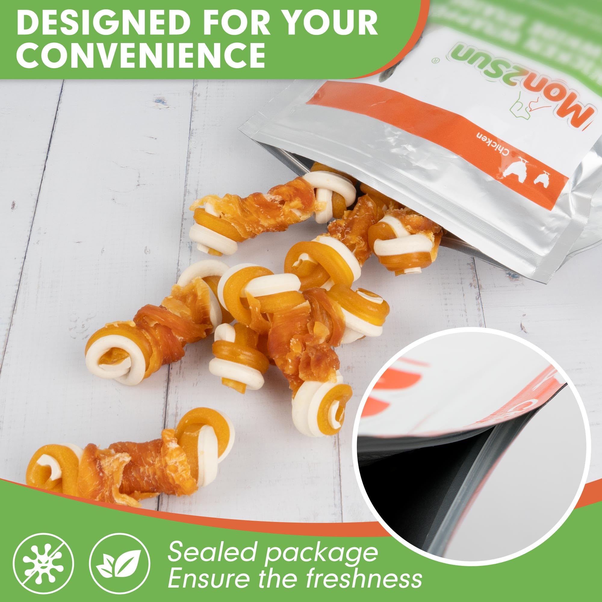 MON2SUN 2.5  Rawhide Free Dog Treats with Mixed Vegetables, Chicken Wrapped Mini Knot Bones for Small Dogs, Healthy Snacks for B