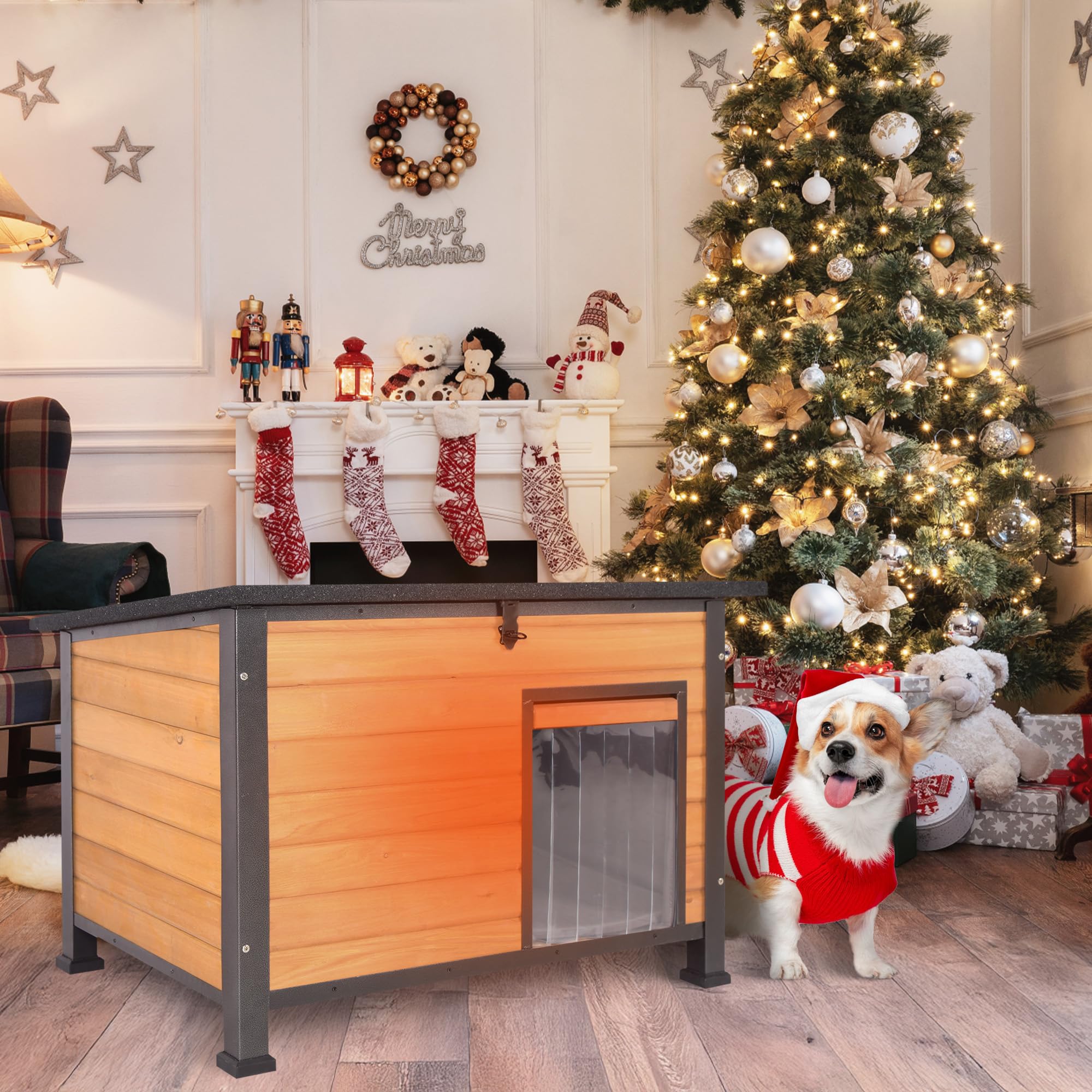 ALEKNEKI Insulated Dog House, Wooden Heated Shelter for Winter, Large Size, Brown with Removable Liner, Model DXCH006-S-IN