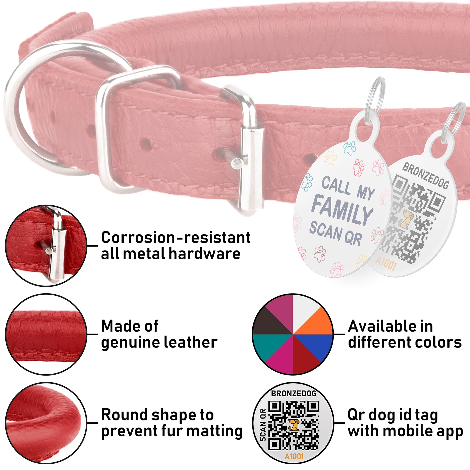 Rolled Leather Dog Collar Soft Round Collars, Id Tag For Small Medium Large Dogs (9'' - 11'' Neck Fit, Imperial Red)