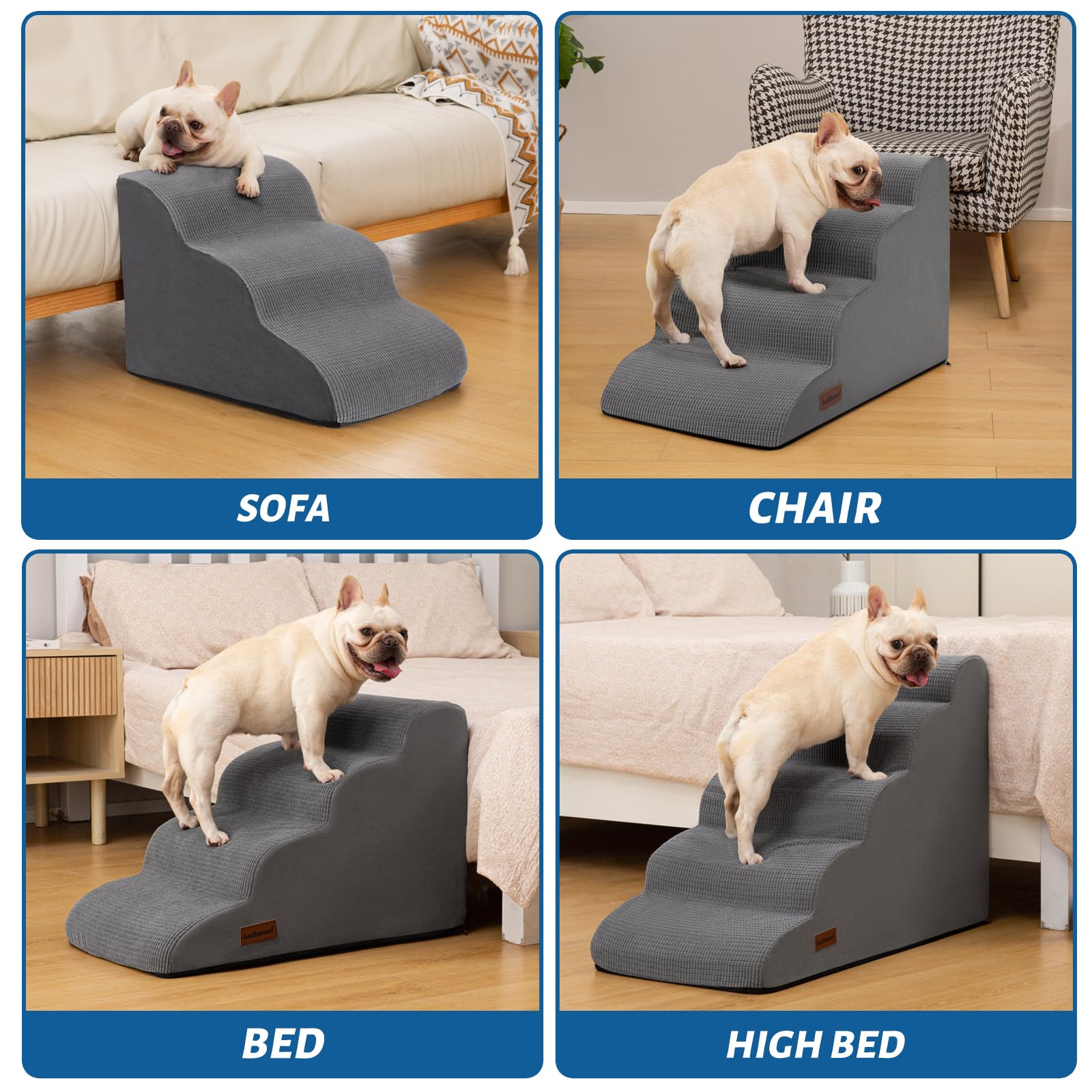 Aodisman Dog Steps for Bed, 4-Step Dog Stairs Ramp for Small Dogs and Cats, Indoor Non-Slip Pet Stairs Suitable for Older, Short