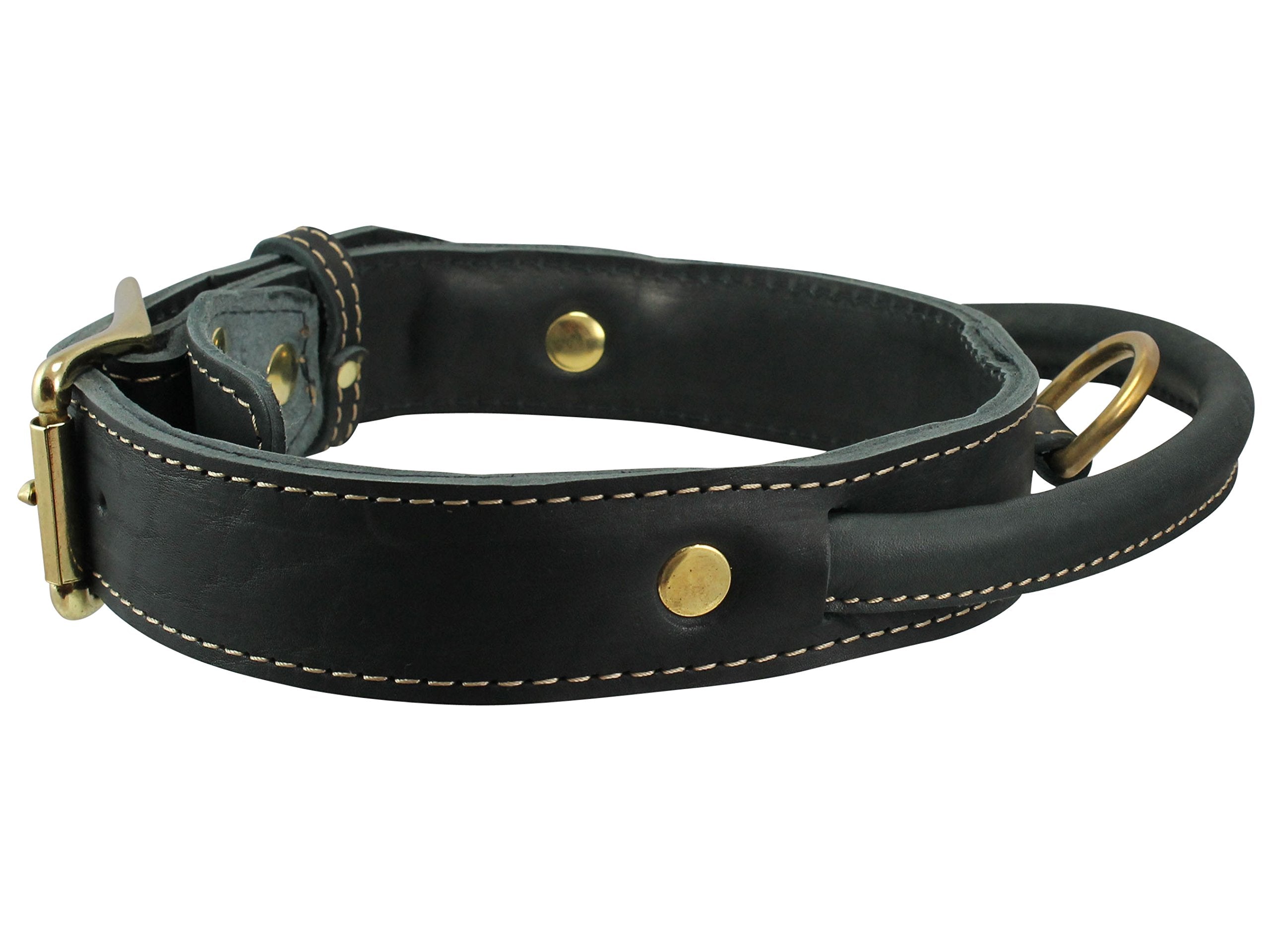 Genuine Leather Dog Collar, Rolled Leather Handle Black (Large: Neck: 18'-21')