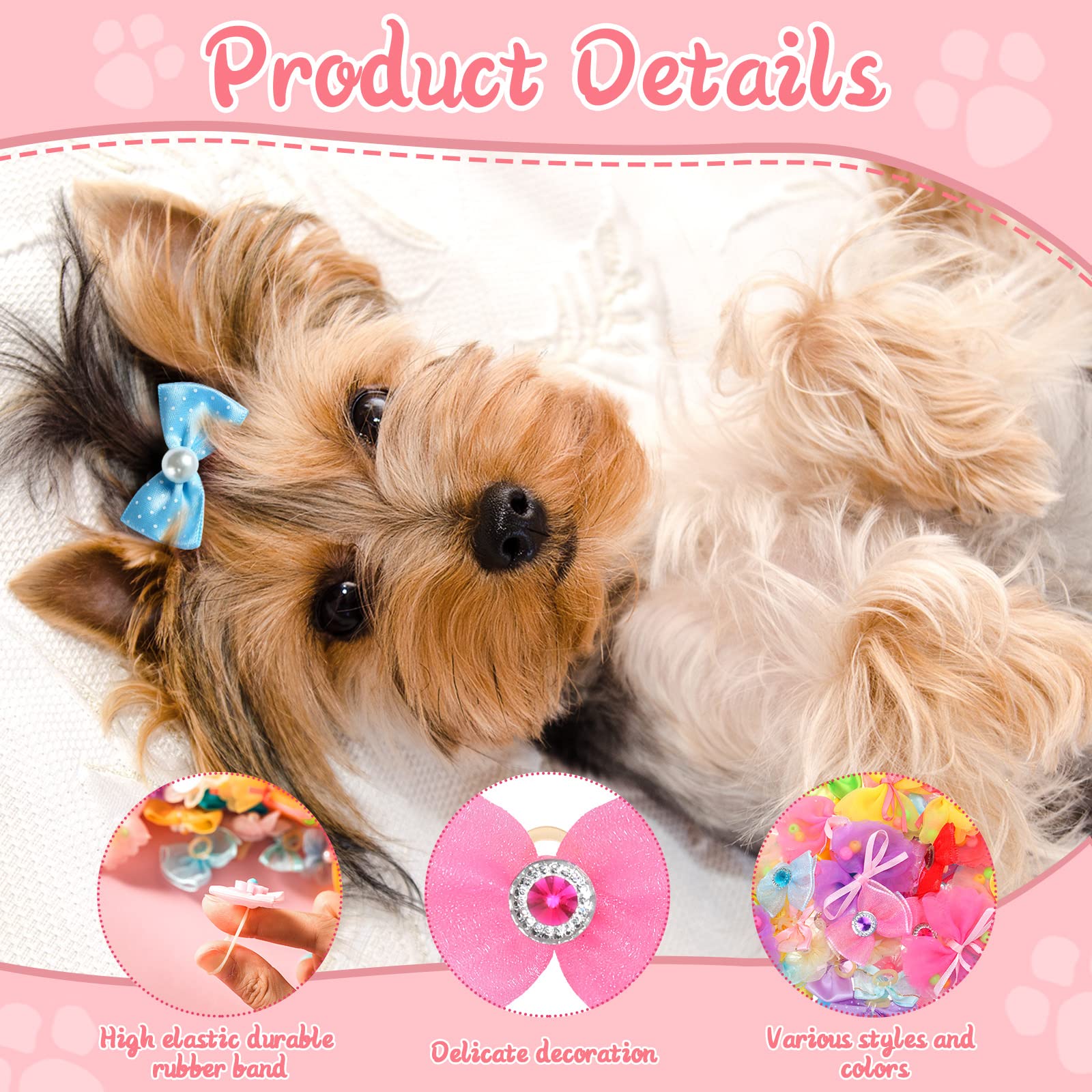 Yunsailing 100 Pcs Christmas Dog Bows Gifts Cute Dog Hair Bows Bulk Handmade Puppy Bowknot Hair Bow With Strong Rubber Bands And Rhinestone Pearls For Pet Dog Lover Present Hair Grooming Accessories
