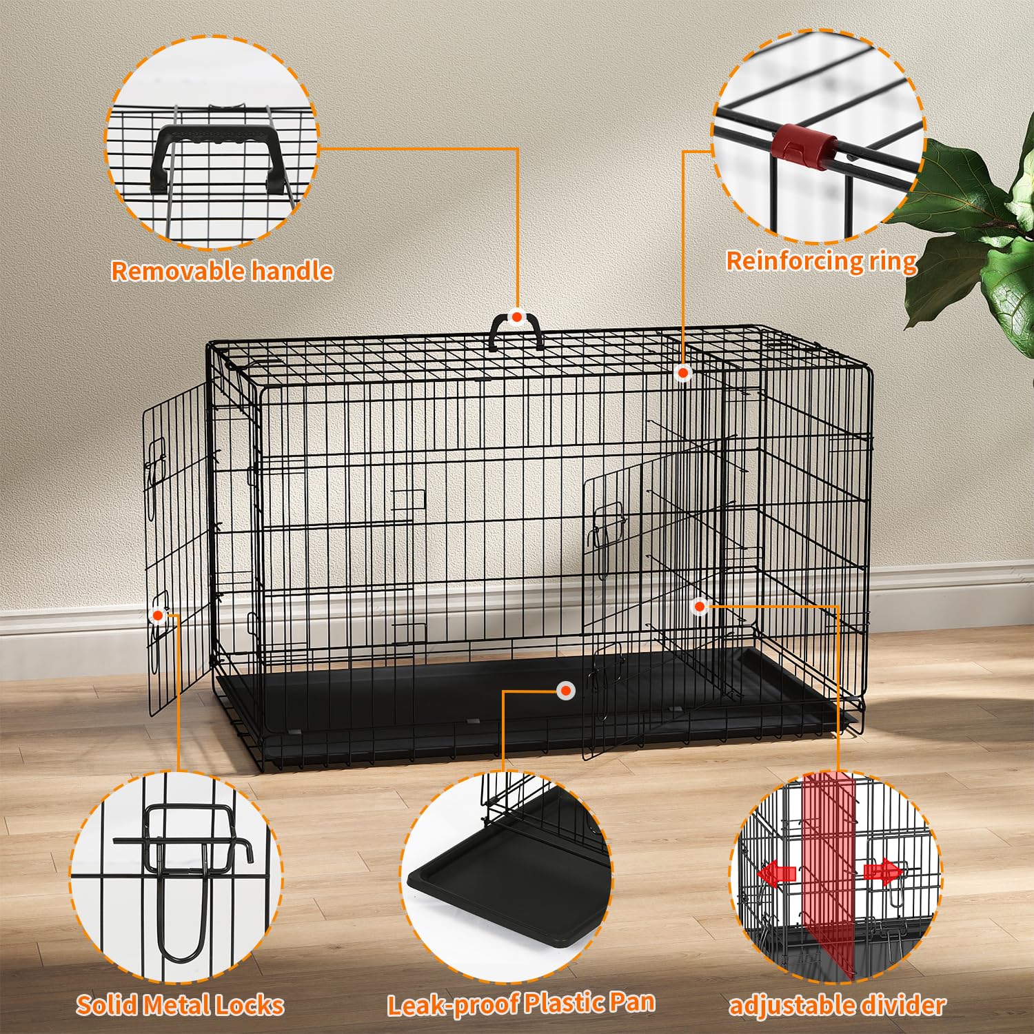 FDW Dog Crate 42-Inch Dog Cage Single Door Foldable Metal Kennel with Leakproof Tray Foldable Design Indoor Outdoor Use for Larg