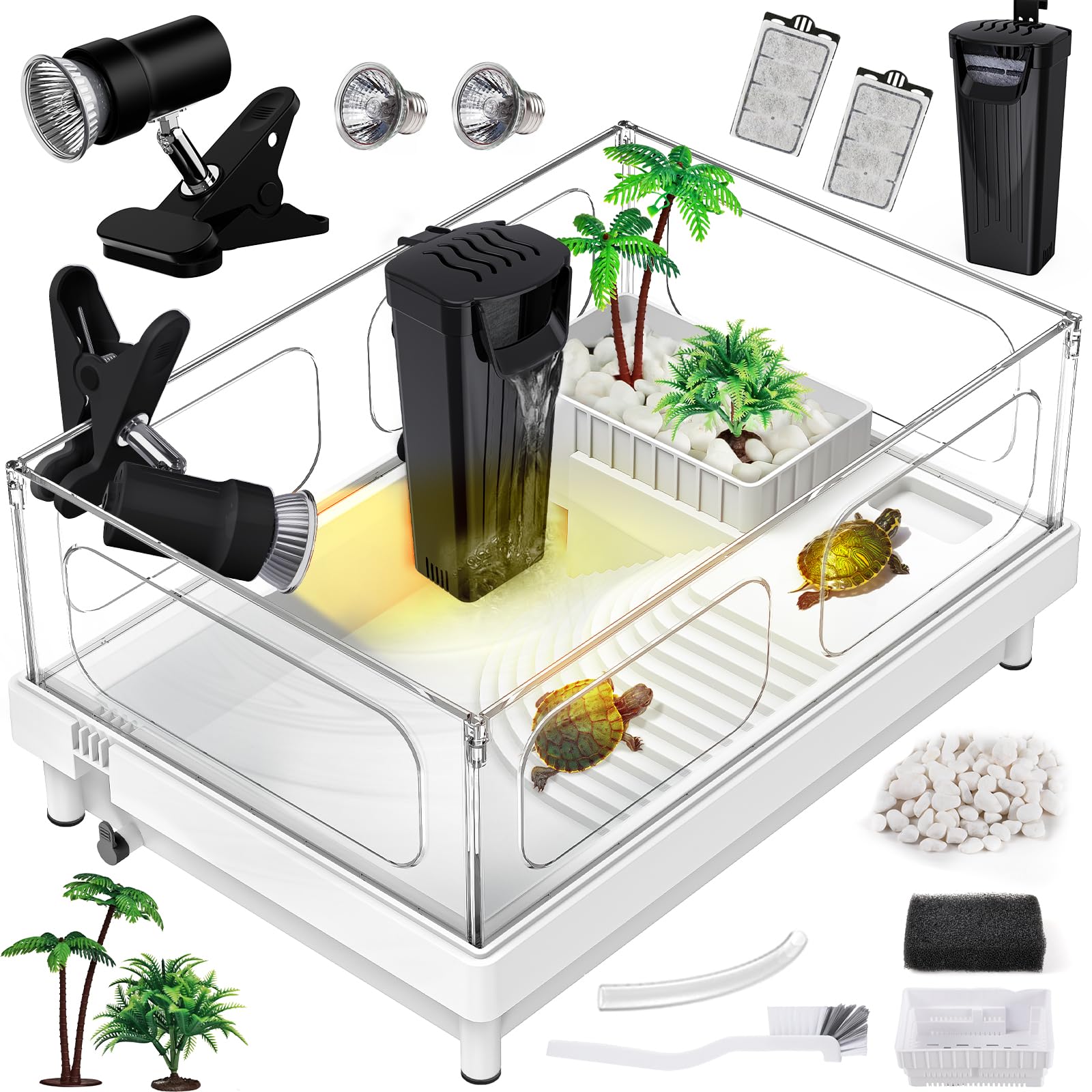 Moonorange Small Turtle Tank Kit(Tank+Light+Filter), Acrylic Turtle Tank Starter Kit With Basking Platform, Bottom Drainage, Mul