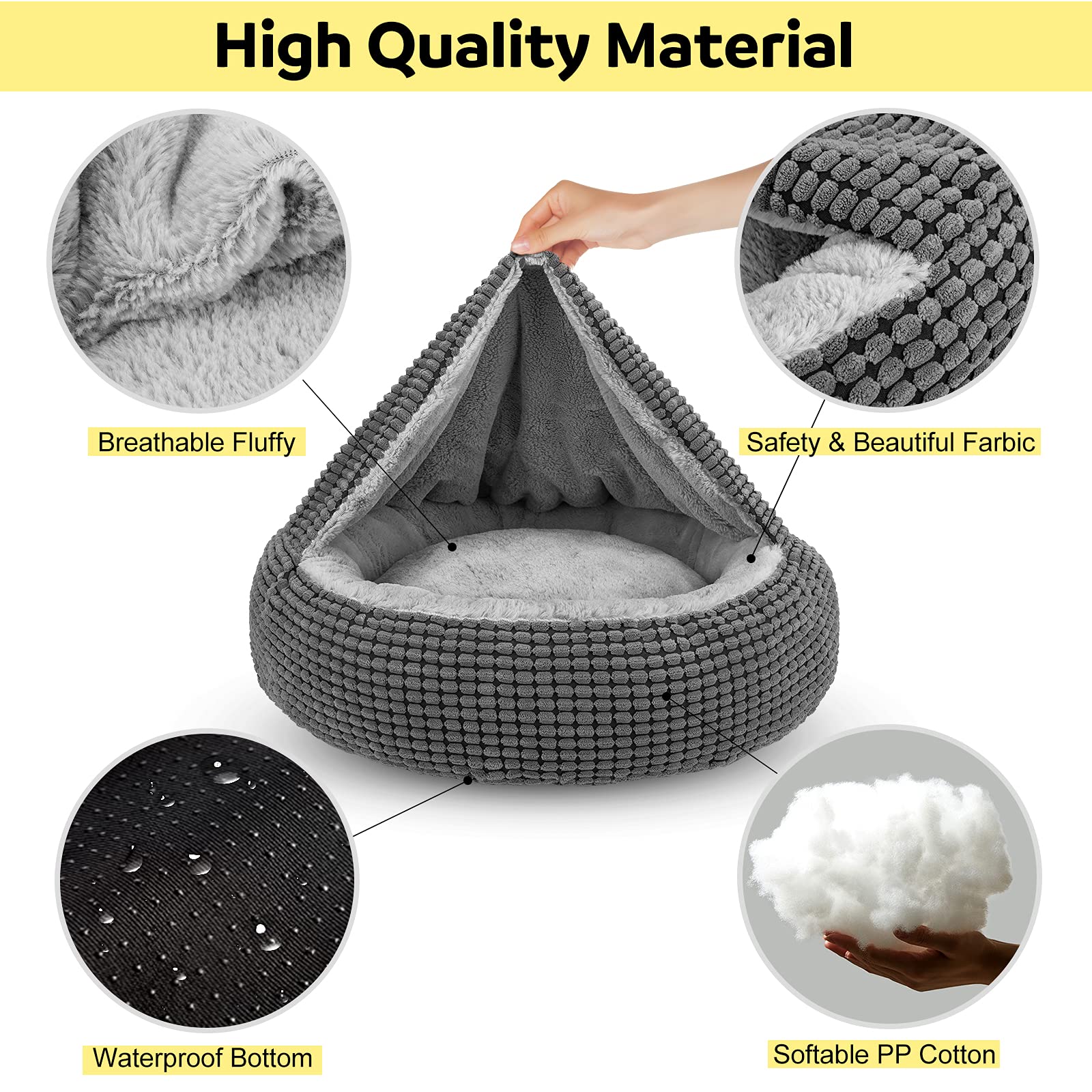 Siwa Mary Small Dog Bed With Attached Blanket, Cozy Donut Cuddler Anti-Anxiety Hooded Pet Beds Calming Cave Bed. Orthopedic Roun