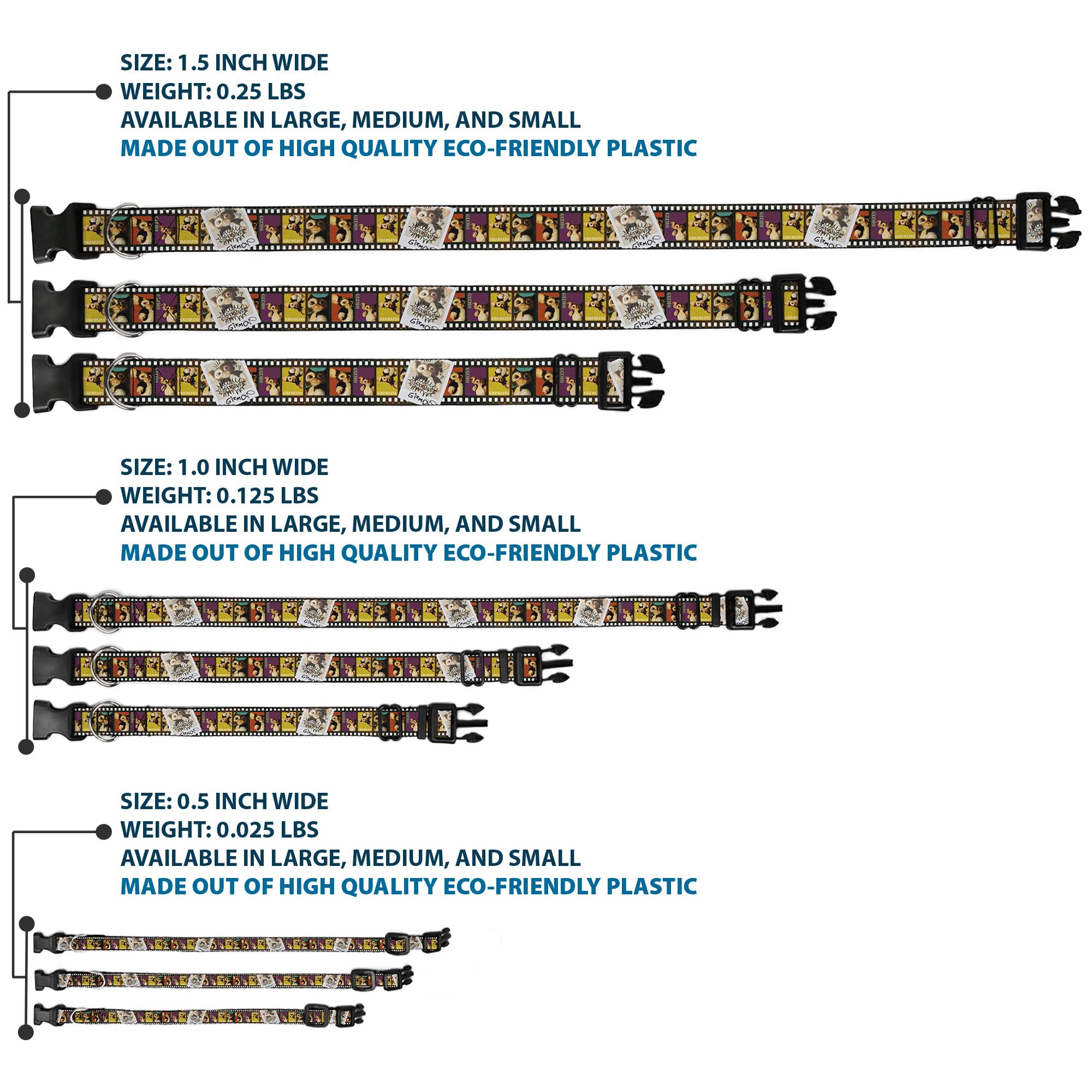 Buckle-Down Dog Collar Plastic Clip Gremlins Gizmo Filmstrip Poses Multi Color 11 To 17 Inches 1.0 Inch Wide