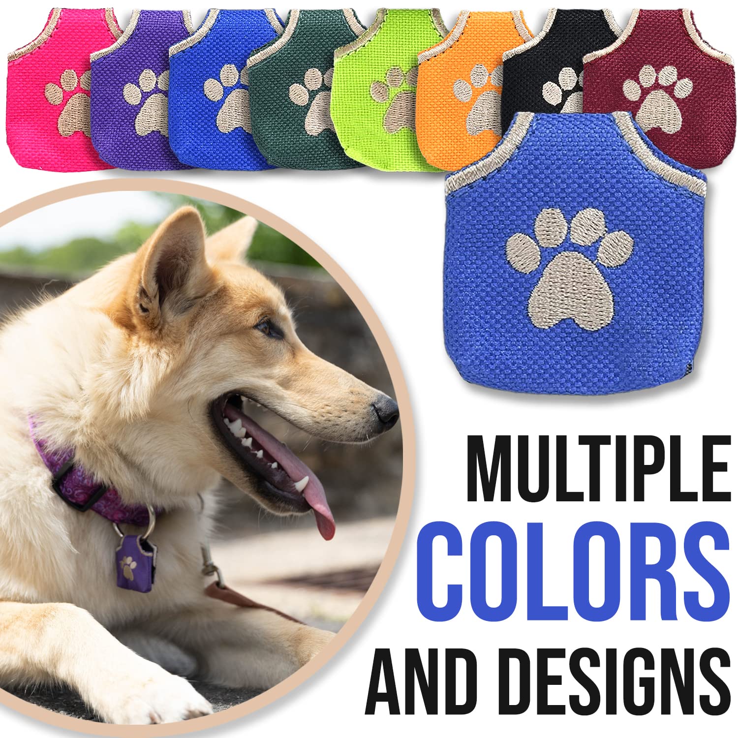 Woofhoof Dog Tag Silencer, Blue Pawprint, Fits 4 IDs, Durable Nylon, 1.75" x 1.75", Machine Washable, Peace Tag