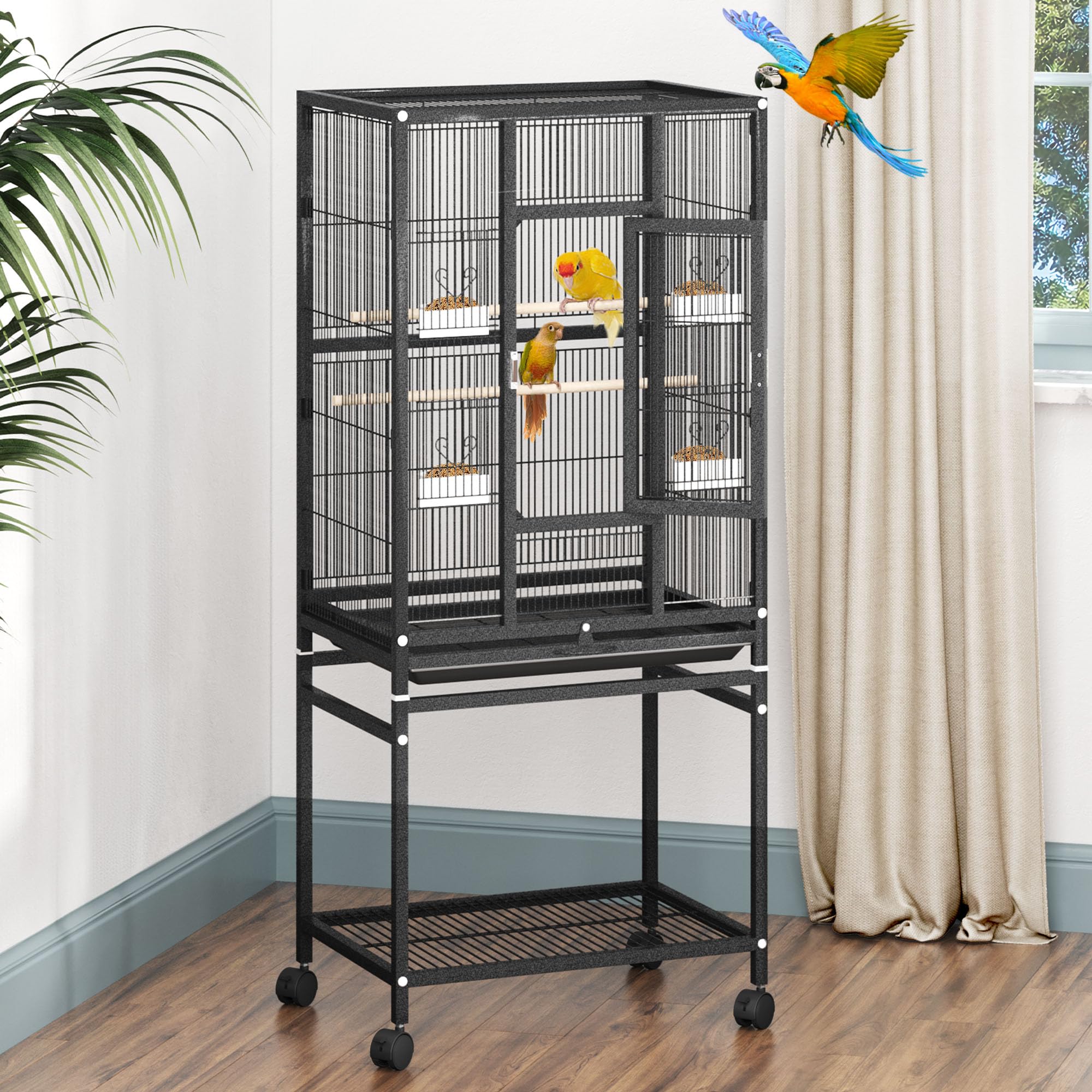 DWVO 53.9-Inch Metal Bird Cage: Large Parrot Cages with Seed Catcher & Cover - Rolling Stand with Brakes for Parakeets, Lovebird