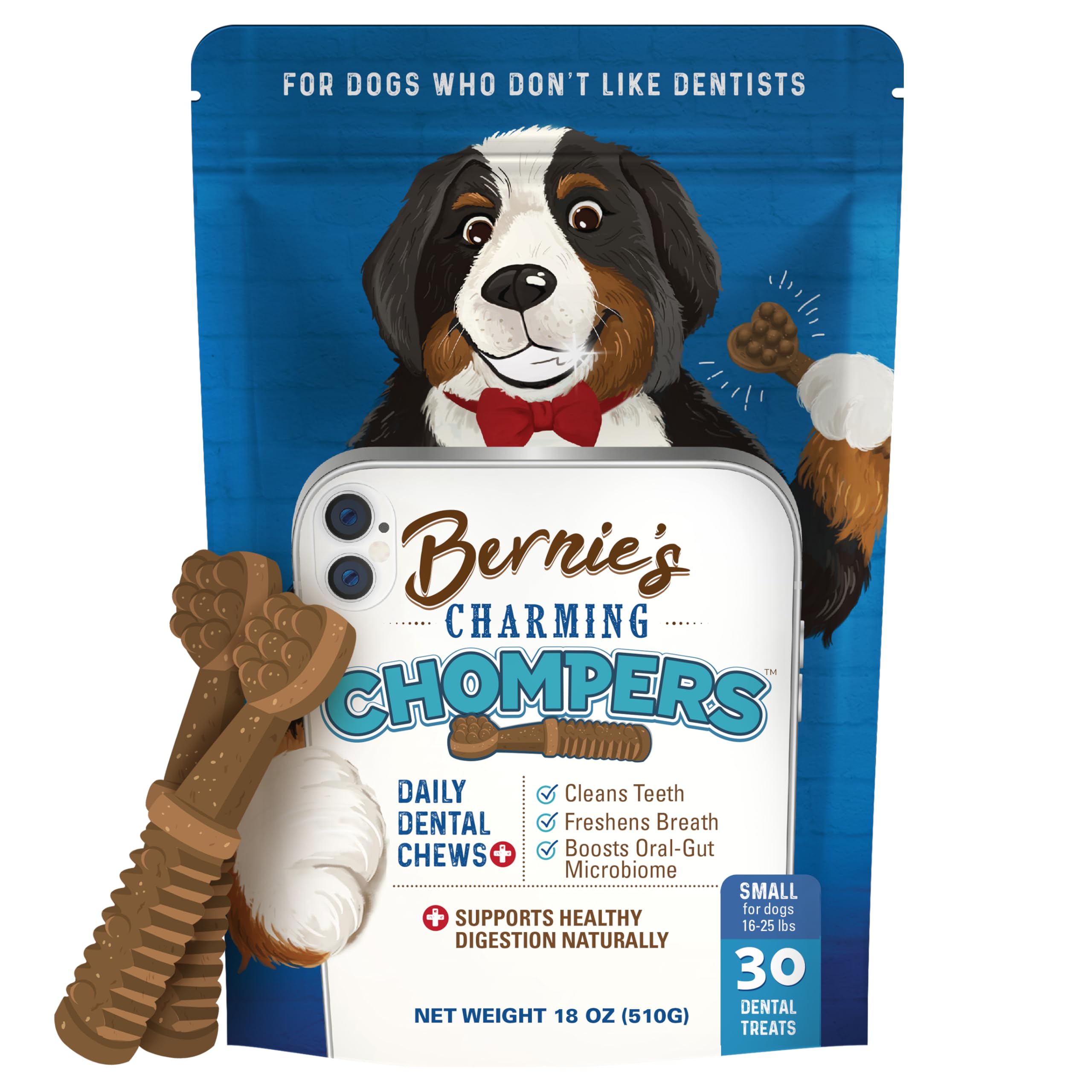Bernies Charming Chompers - Daily Dental Chews for Dogs 15-25 Lbs. - 30 Count - Cleans Teeth, Freshens Breath, + Boosts Oral-Gu