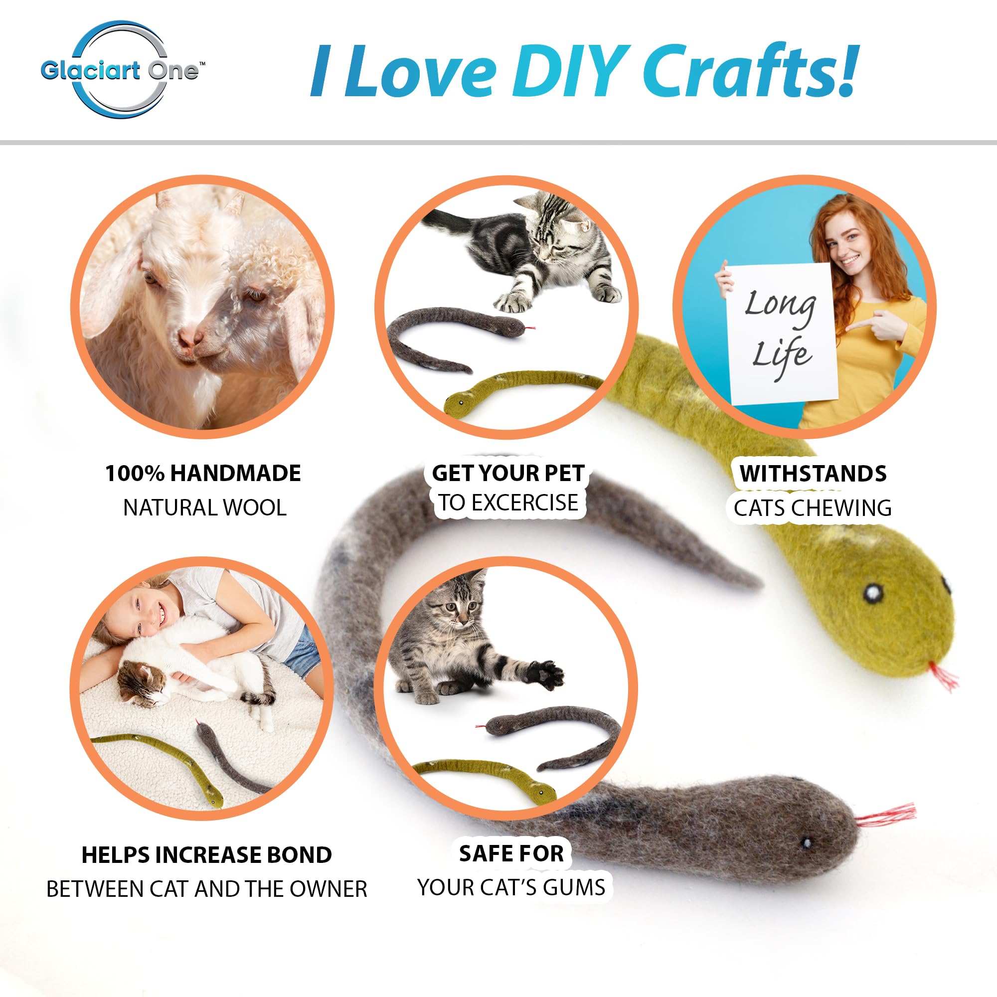 Glaciart One Felt Cat Snake Toy - Soft Fuzzy Enrichment 100% Natural Wool - Interactive Catnip Play Cat Toy Set - Safe For Pets,