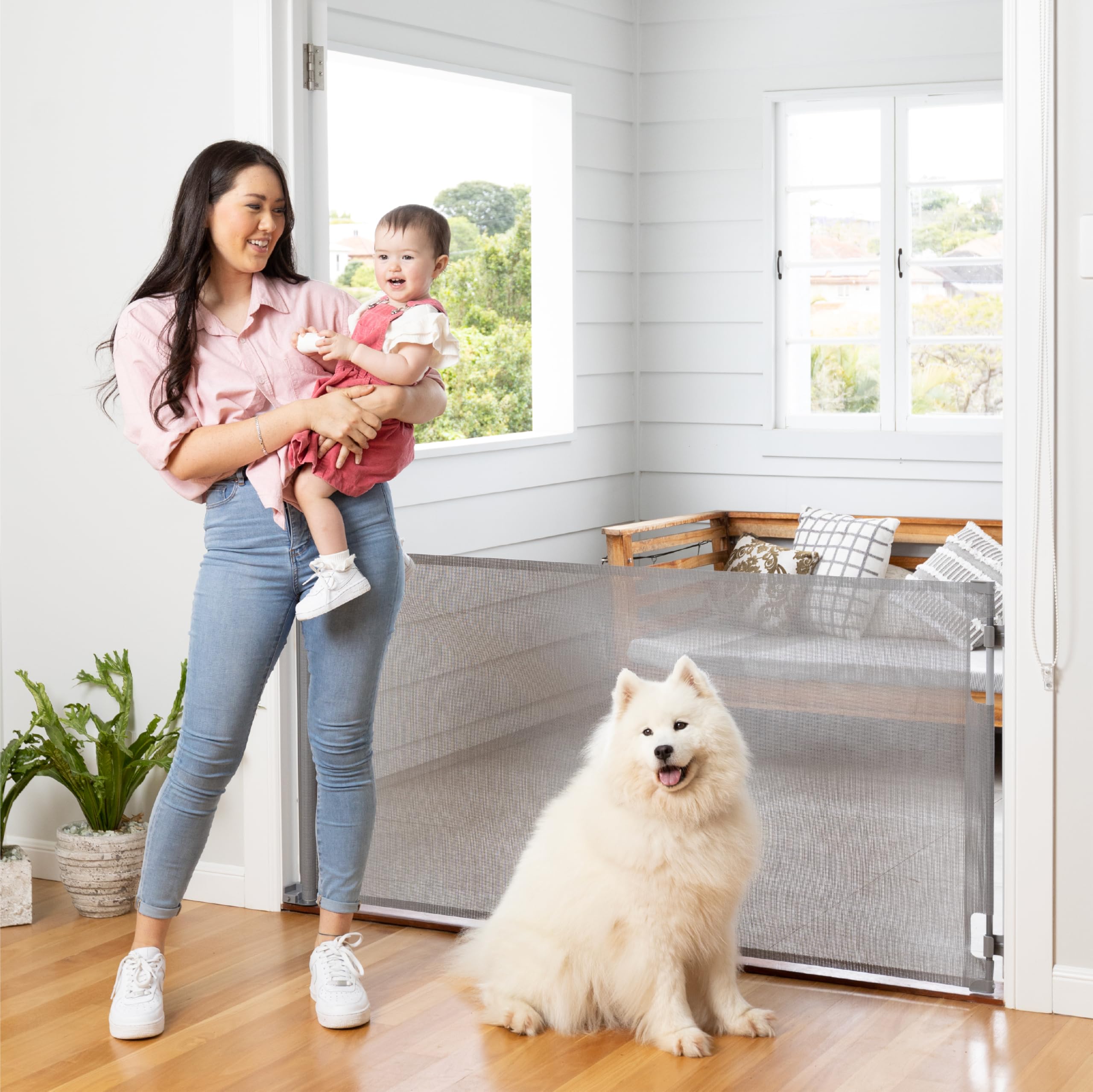 Retractable Baby Gate Perma Child Safety 33' Tall X 71” Wide, Mesh, For Stairs, Doorways, Dogs, Pets, Indoor, Outdoor, One-Handed Operation, Locking, Easy Install, Hardware Mount, Gray
