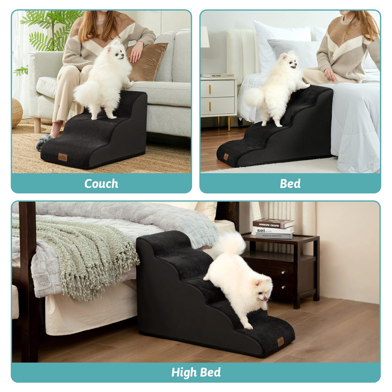COZY KISS Dog Stairs for Small Dogs 15.7 H, Curved Dog Step for Puppy, Older Cat, Medium Pet Ramp for Sofa, Couch or Chair, Ladd