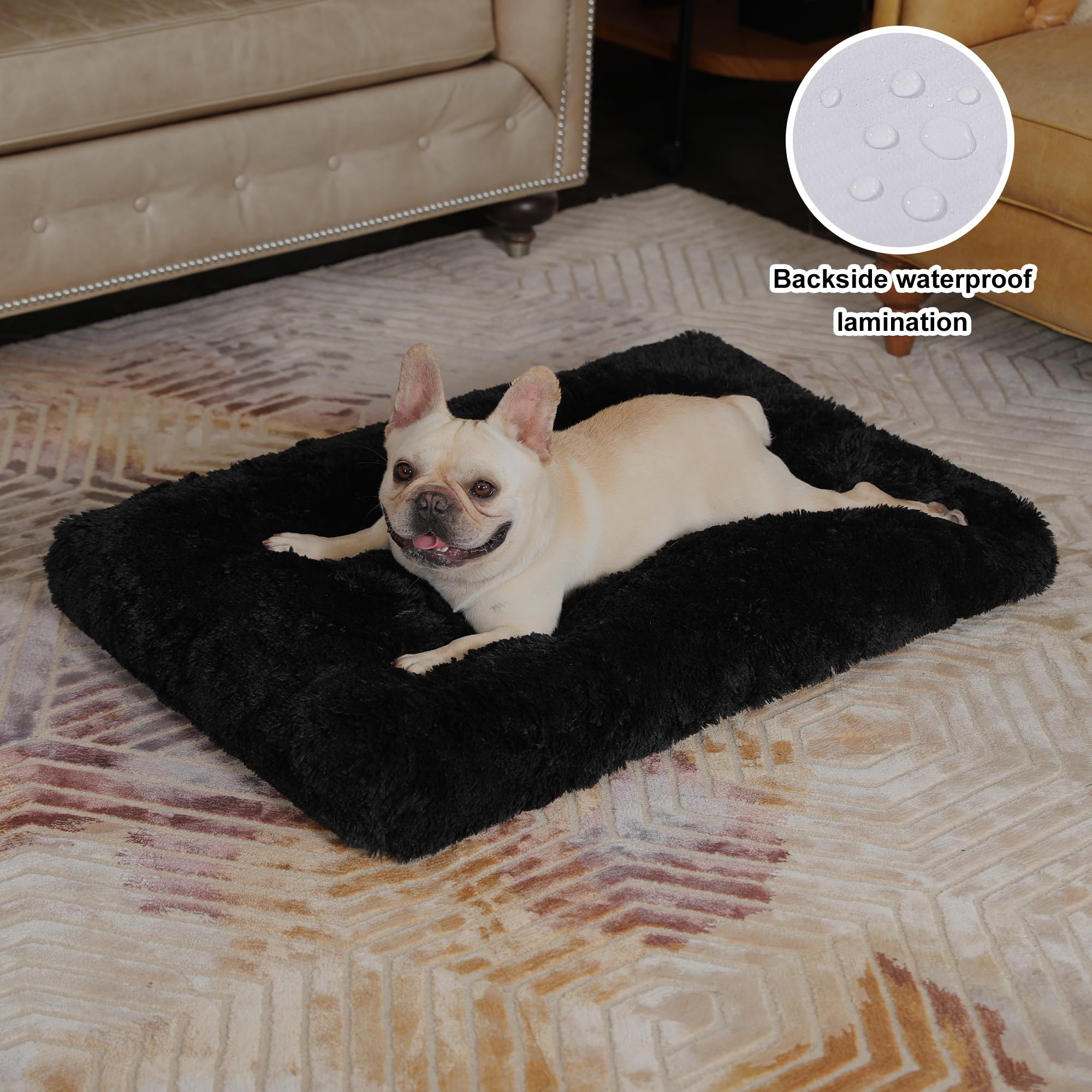 Bedfolks Waterproof Dog Crate Pad, Plush Washable Dog Kennel Bed - 35''X23'', Black
