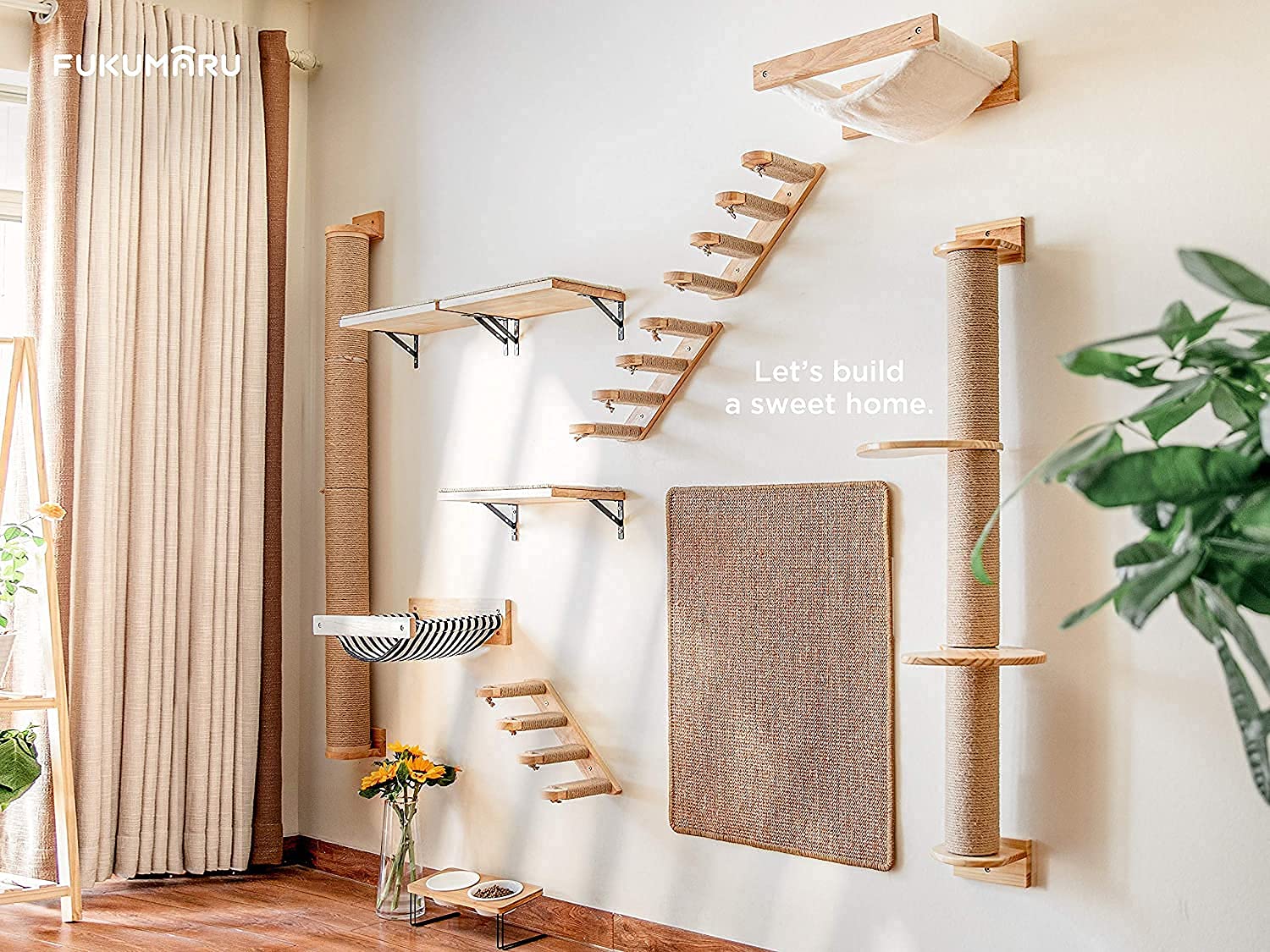 FUKUMARU Cat Activity Tree - Wall-Mounted Jute Scratcher with Pine Hammock, Light Brown, Model 010FU