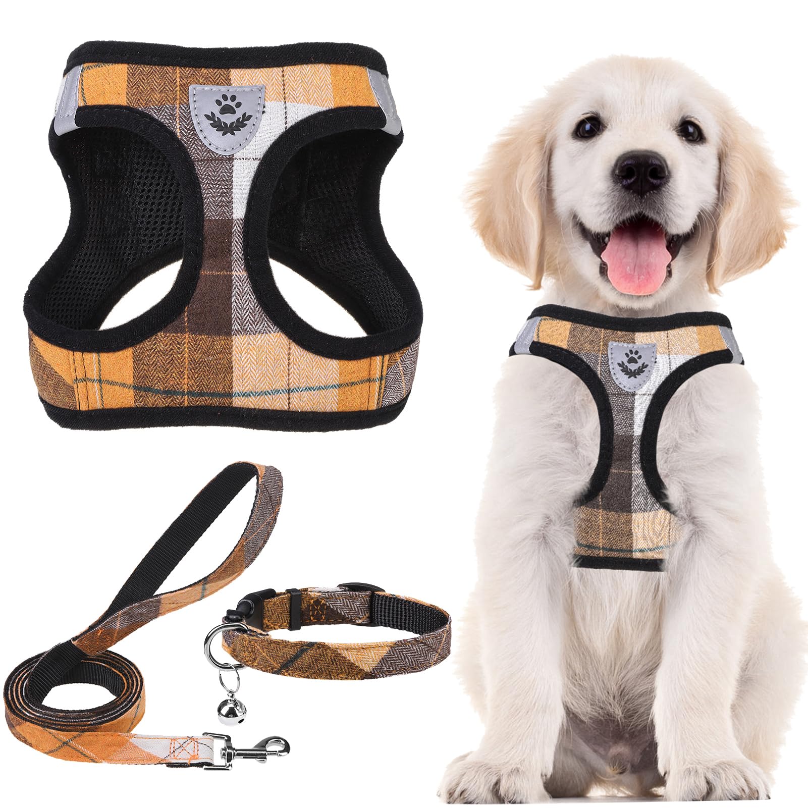 Pupteck Adjustable Dog Harness Collar And Leash Set Step In No Pull Pet Harness For Small Medium Dogs Puppy And Cats Outdoor Walking Running, Soft Mesh Padded Reflective Vest Harnesses, Orange Xl