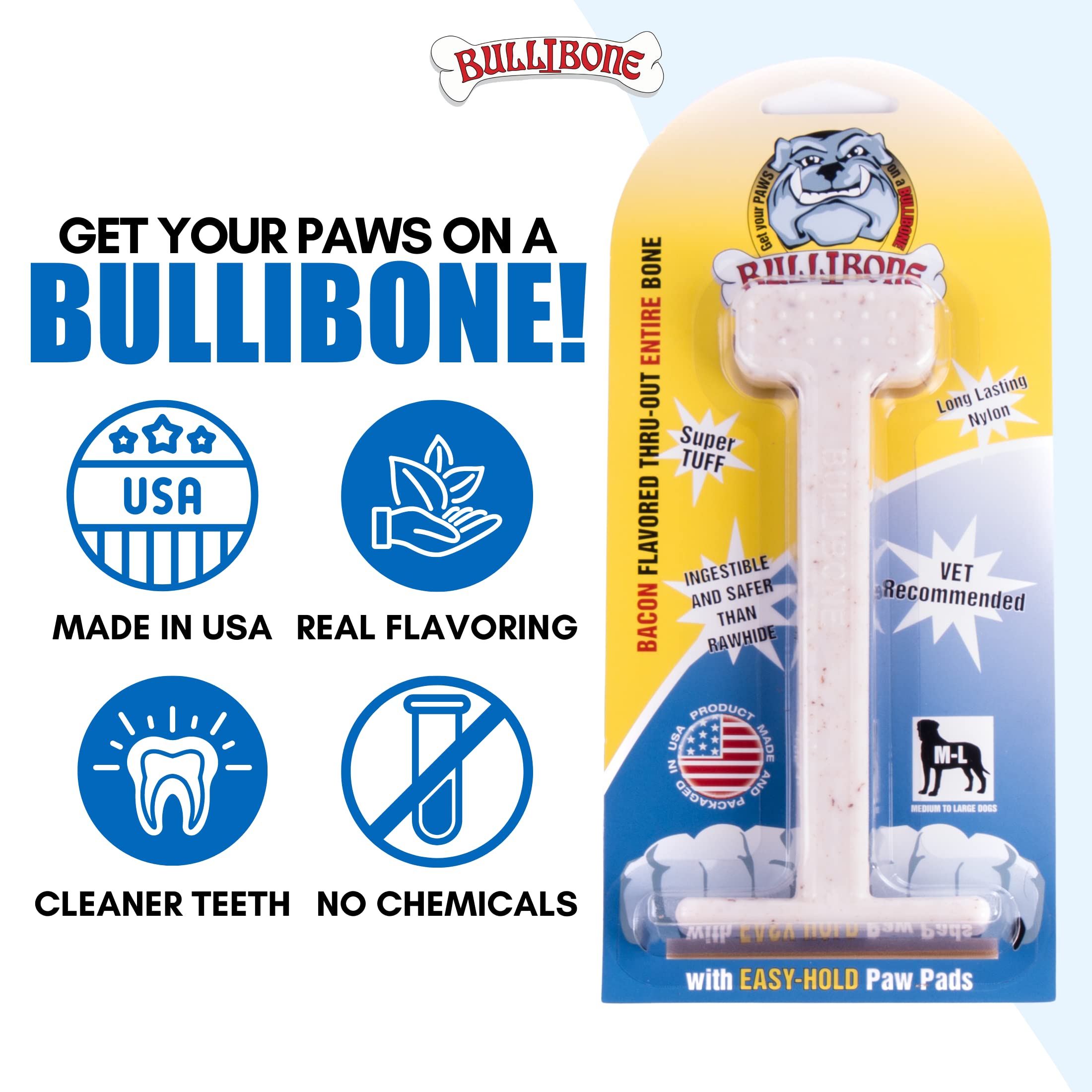 Bullibone Nylon Dog Chew Toy Nylon Bone - Improves Dental Hygiene, Easy to Grip Bottom, and Permeated with Flavor (Bacon, Large