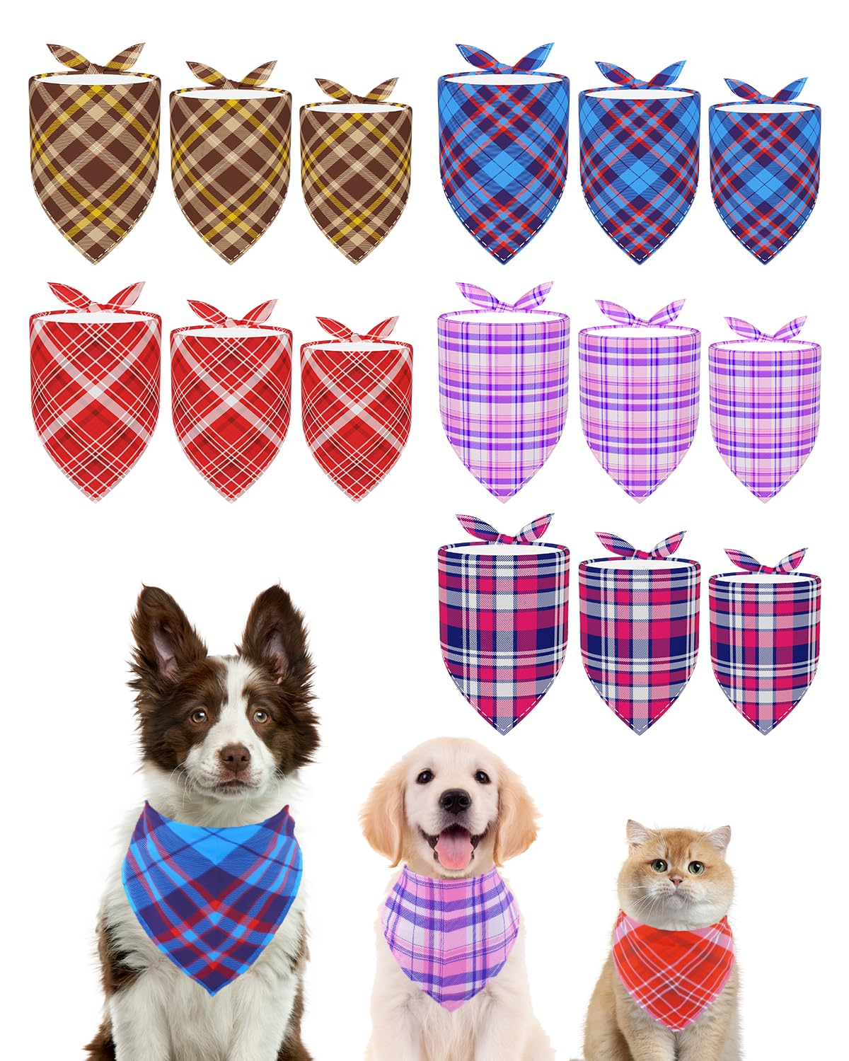 Pet Show 15 Pack Plaid Dog Bandanas Bulk Large Medium Small 3 Mixed Sizes Classic Dogs Head Scarves Puppy Triangle Bibs Kerchief