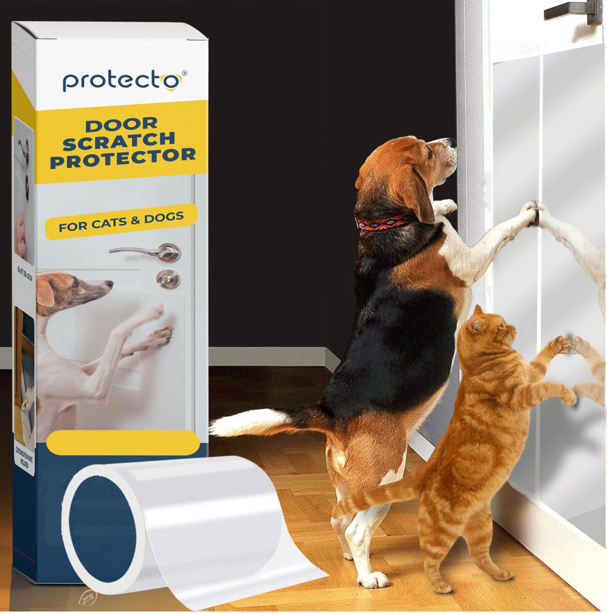 Protecto Cat & Dog Scratch Door Protector With Utility Knife - 60'' X 8'' Clear Wall Protector For Pet Scratching - Sticky And S