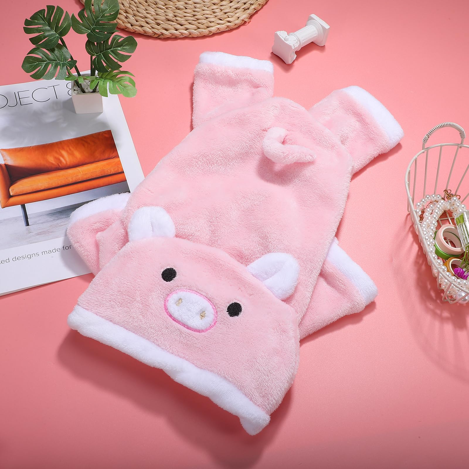 POPETPOP Small Pig Dog Costume, Cute Pink Pig Design Warm Hoodies for Dogs Cats, Halloween Christmas Cosplay Pig Dog Costume for