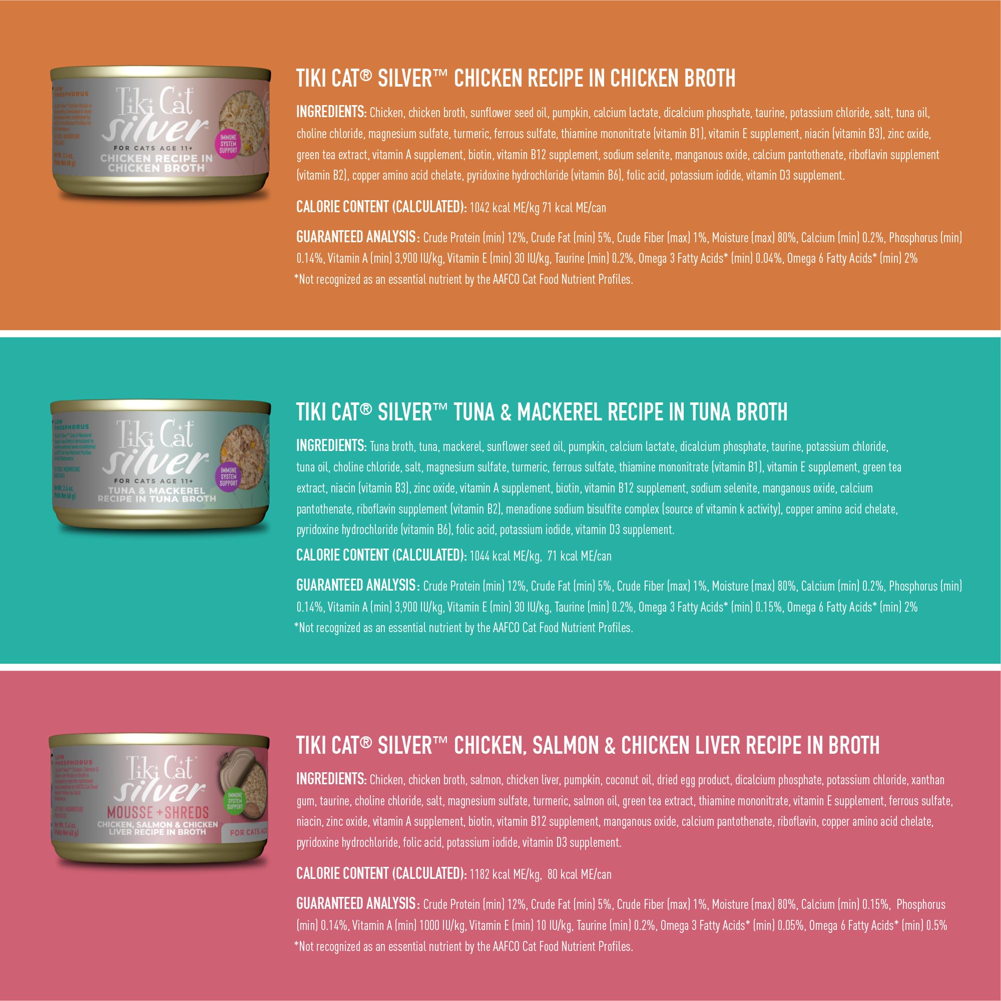 Tiki Cat Silver Variety Pack, Immune System Support Formulated for Older Cats Aged 11+, Senior Wet Cat Food, 2.4 oz. Can (12 Cou