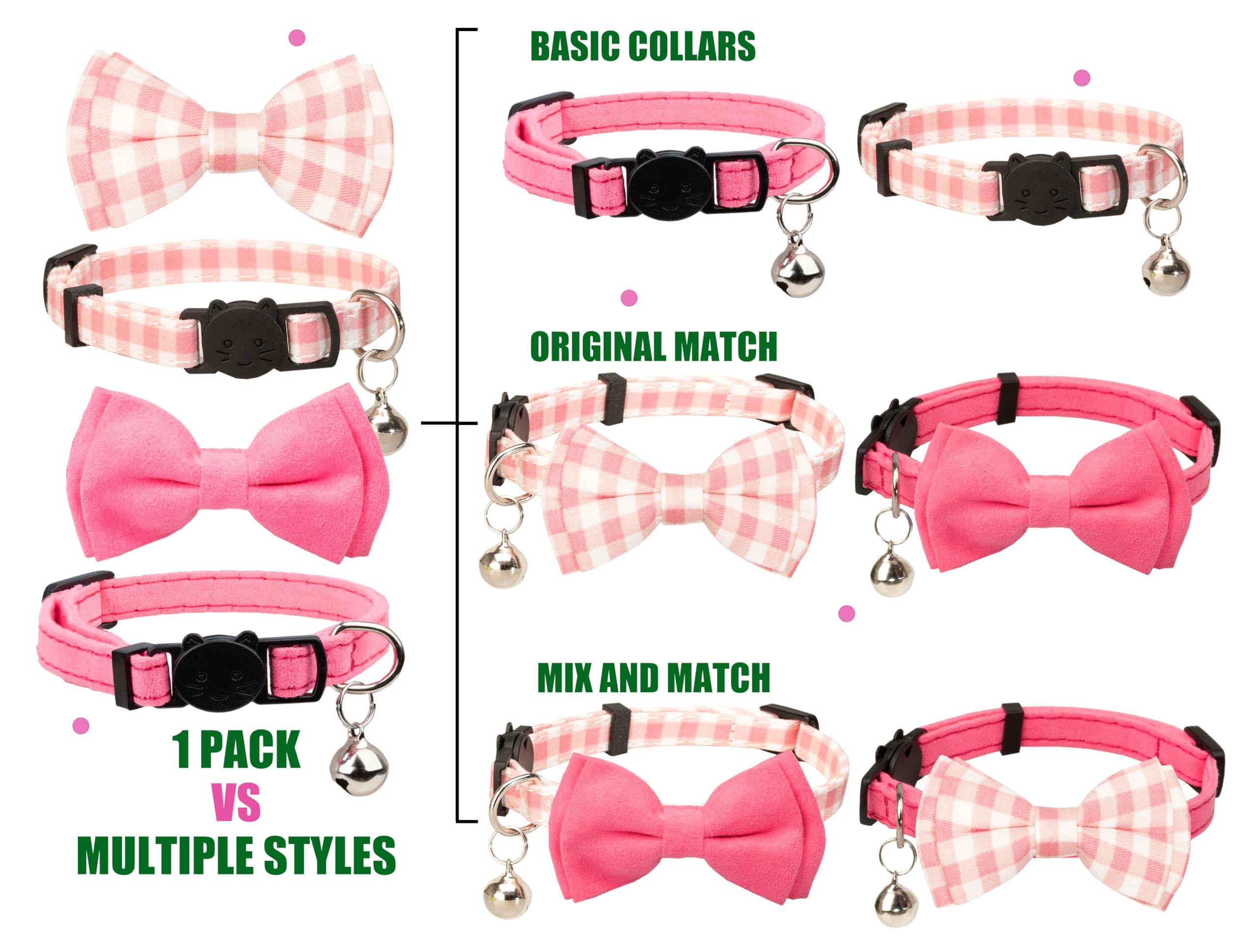 Gyapet Cat Collar Breakaway With Bell Boy Girl Kitten Bow Tie Safety Plaid Solid Color Set Cute Soft Summer [2Pcs] Pink