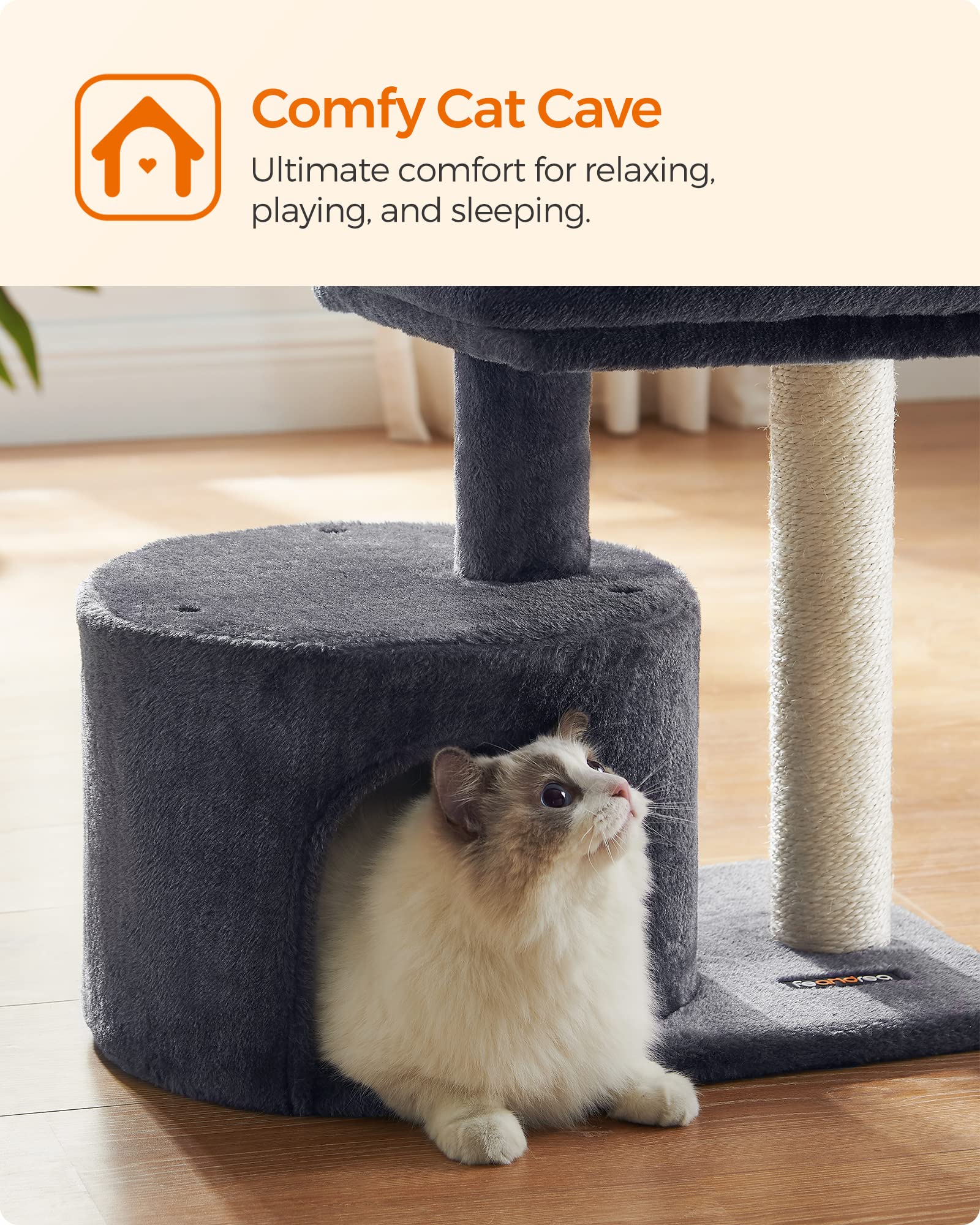 Feandrea Cat Tree, Cat Tower With Sisal-Covered Scratching Post, Cat Condo With Padded Perch, For Small Spaces, Kittens, Smoky G