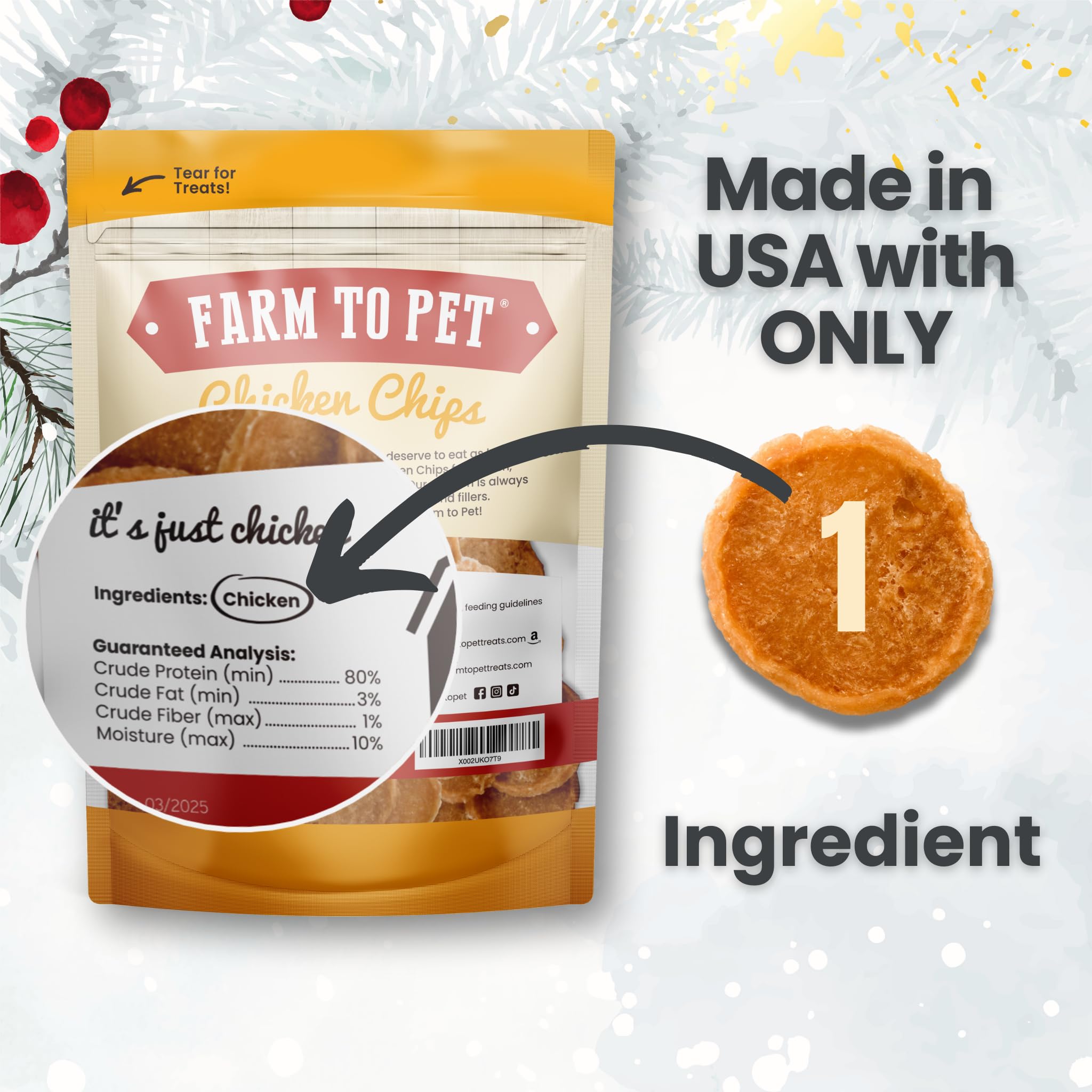 Farm To Pet Chicken Chips for Dogs - Single Ingredient All Natural Dog Treats for Small, Medium, & Large Dogs  Healthy Training