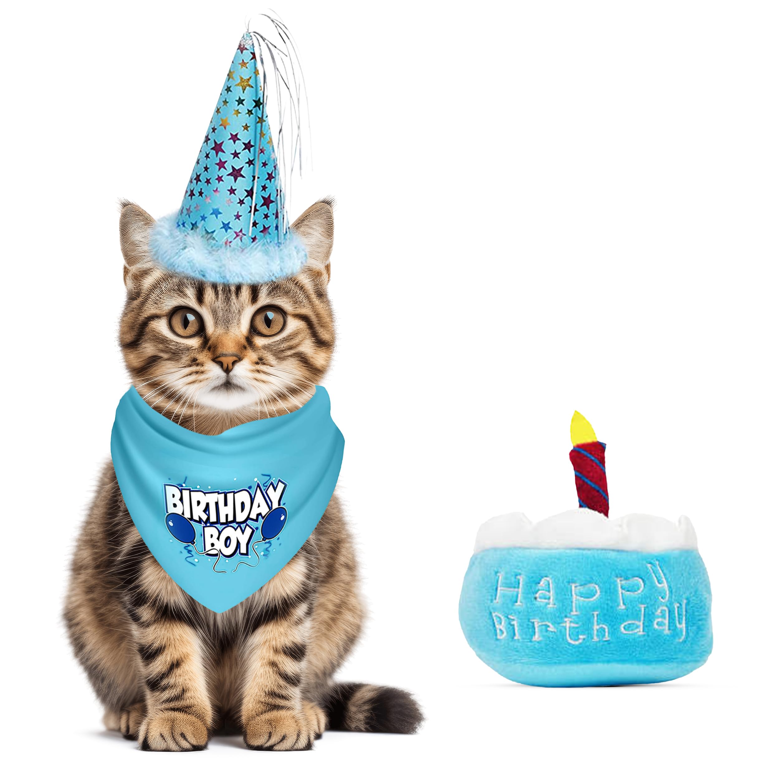 Jt Pet Cat Birthday Boy Party Pack With Bandana, Star Spangled Blue Party Hat With Adjustable Elastic, Tassels And Feathery Trim