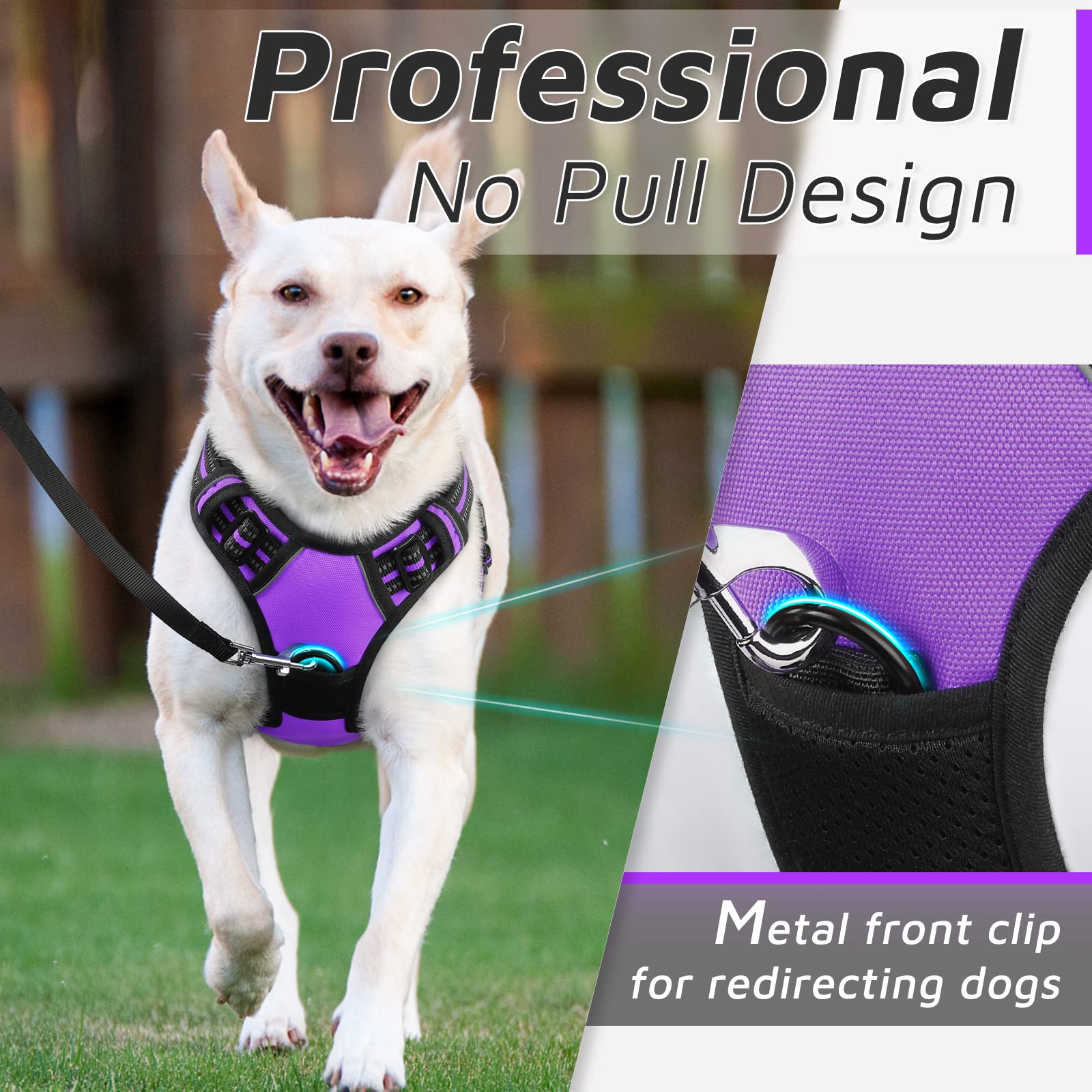 Eagloo Dog Harness Large Breed, No Pull Service Vest With Reflective Strips And Control Handle, Adjustable And Comfortable For Easy Walking, No Choke Pet Harness With 2 Metal Rings, Purple, Xl