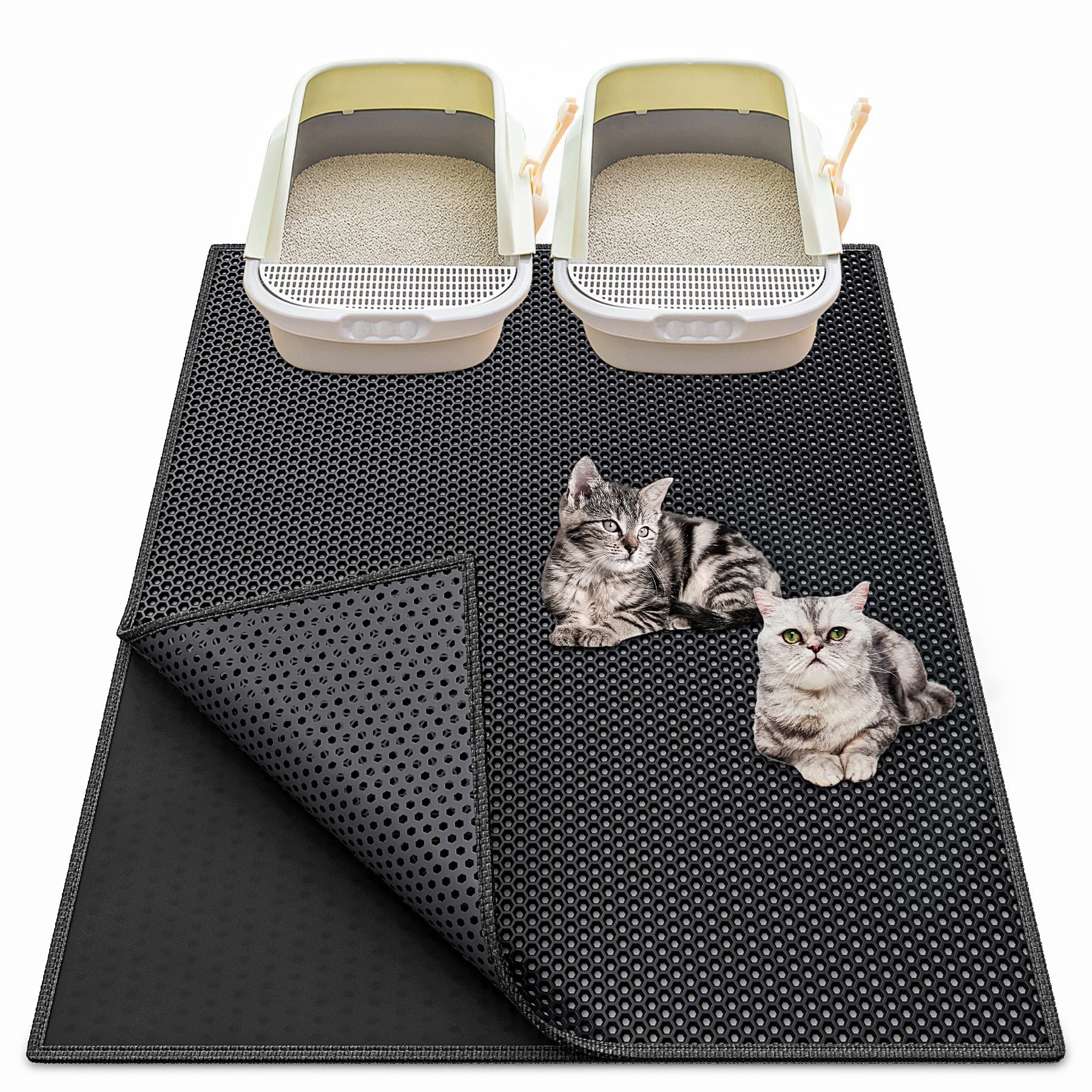 Waretary Cat Litter Mat 36'X 30', Kitty Pretty Litter Box Trapping Mat, Extra Large Xl Honeycomb Double Scatter Control Layer Mat, Urine & Waterproof, Washable, Easy Clean, Phthalate Free, Black