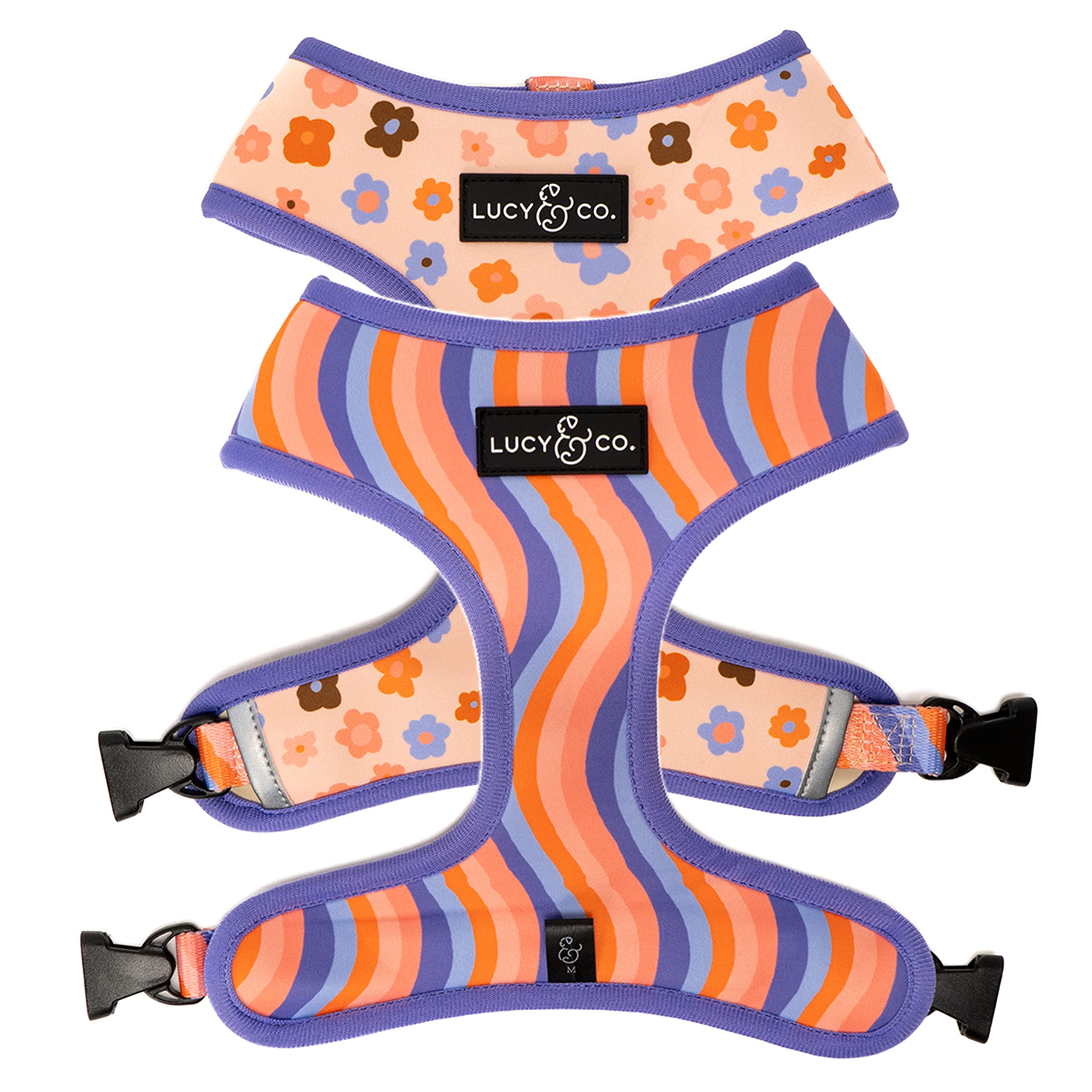 Lucy & Co. Purple with Coral Floral Wave, Cute Reversible Dog Harness Walking Halter - Best Designer Pet Harnesses for XS - XL D