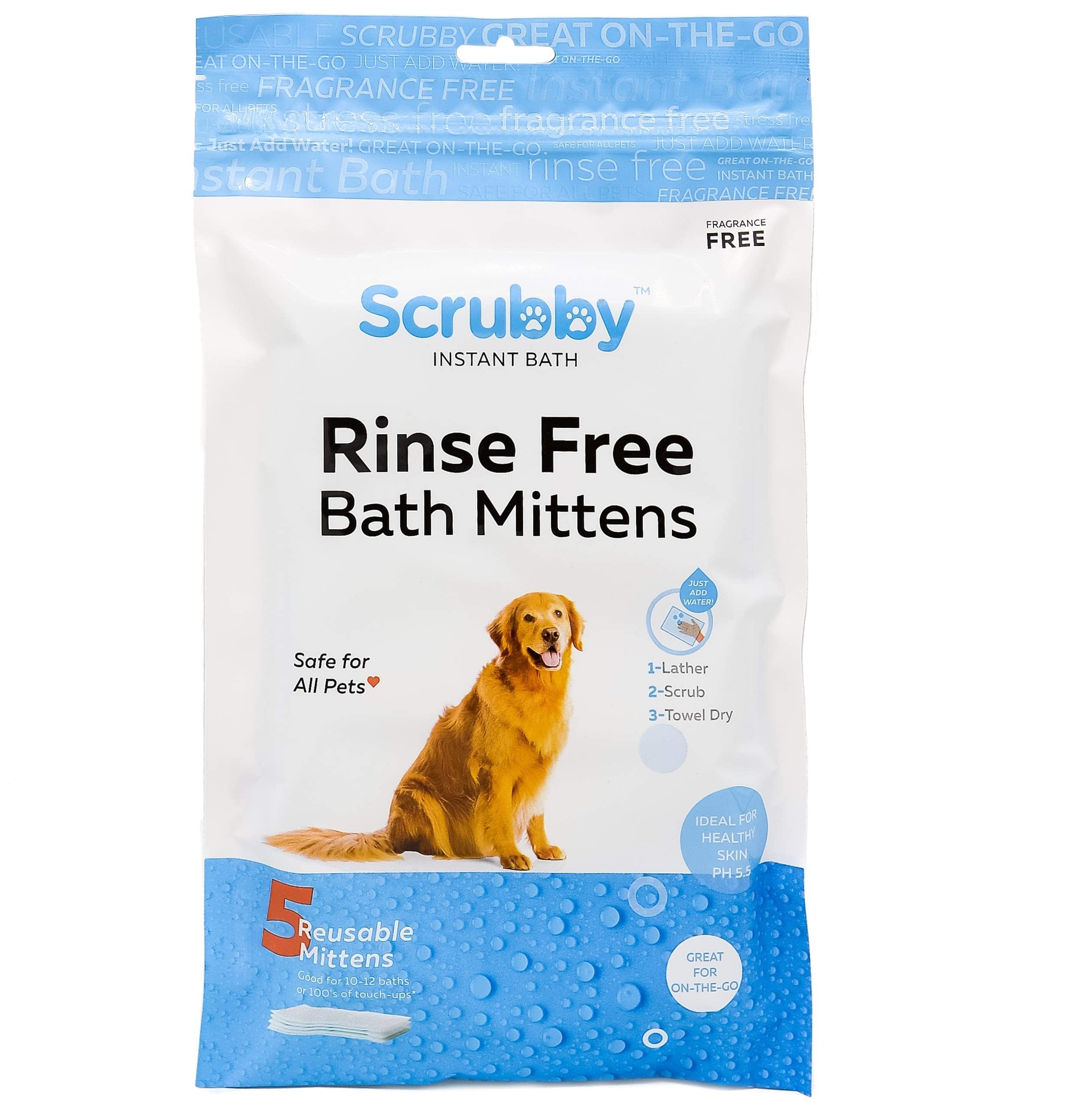 Scrubby Pet No Rinse Pet Wipes - Hypoallergenic Grooming Mittens, 10 Count, White