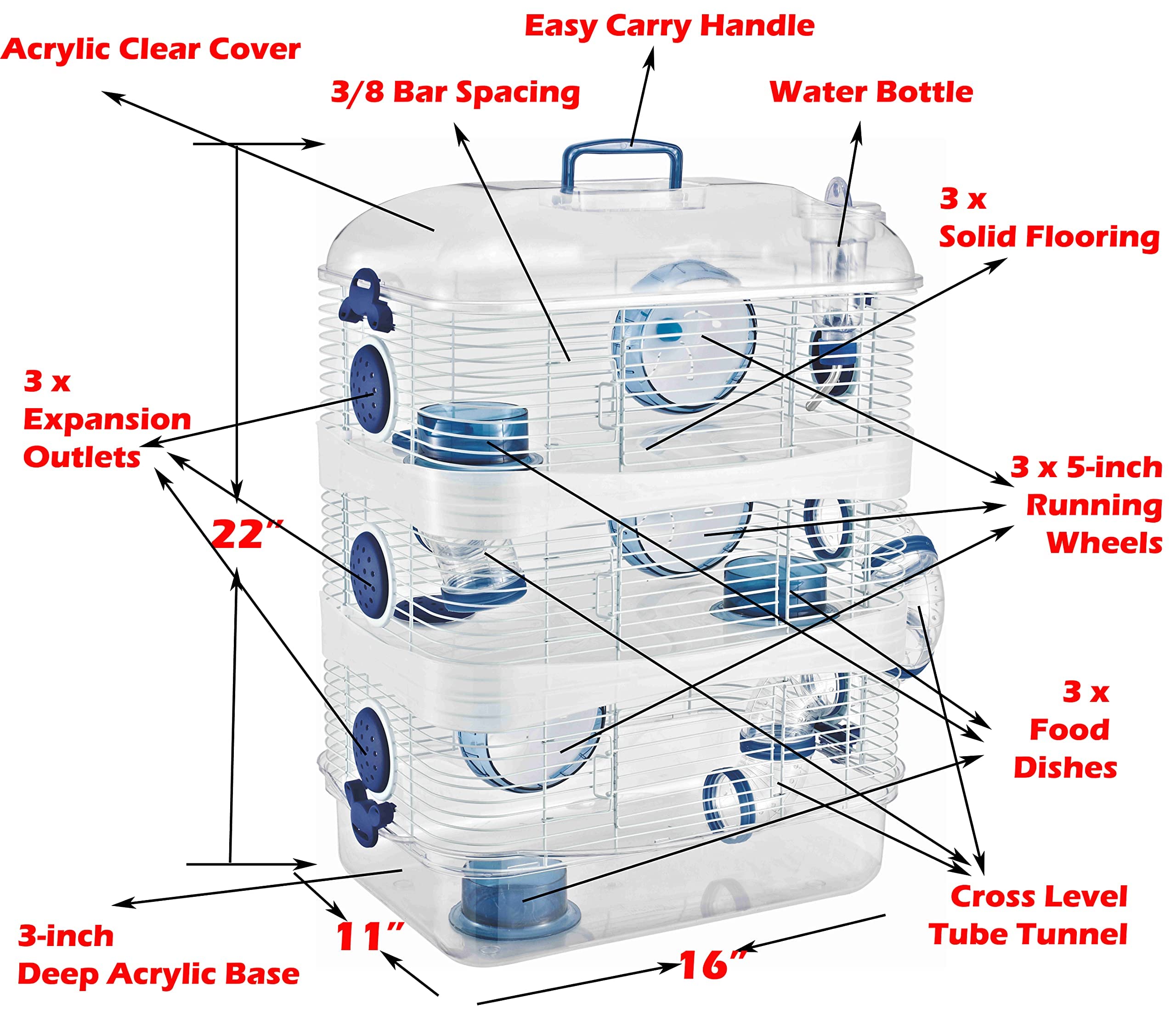 3-Levels Acrylic Clear Hamster House Habitat Cage for Dwarf Hamster Rodent Gerbil Mouse Mice