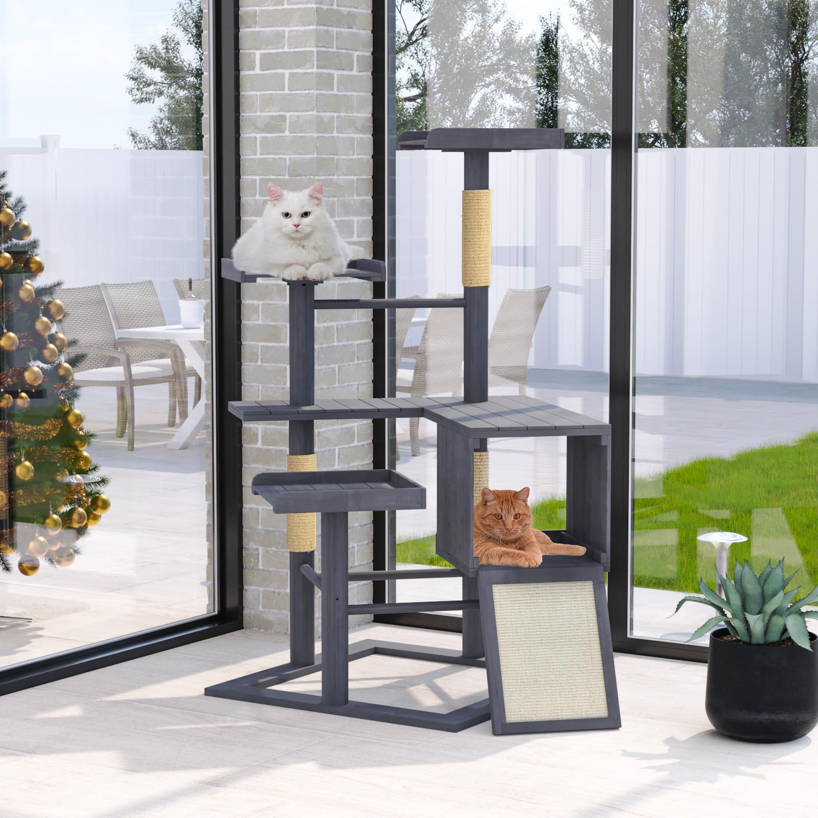 GDLF Outdoor Cat Tree Tower, 67" Weatherproof Wood for Large Cats, Condo & Scratching Posts, Grey, Model PET842M