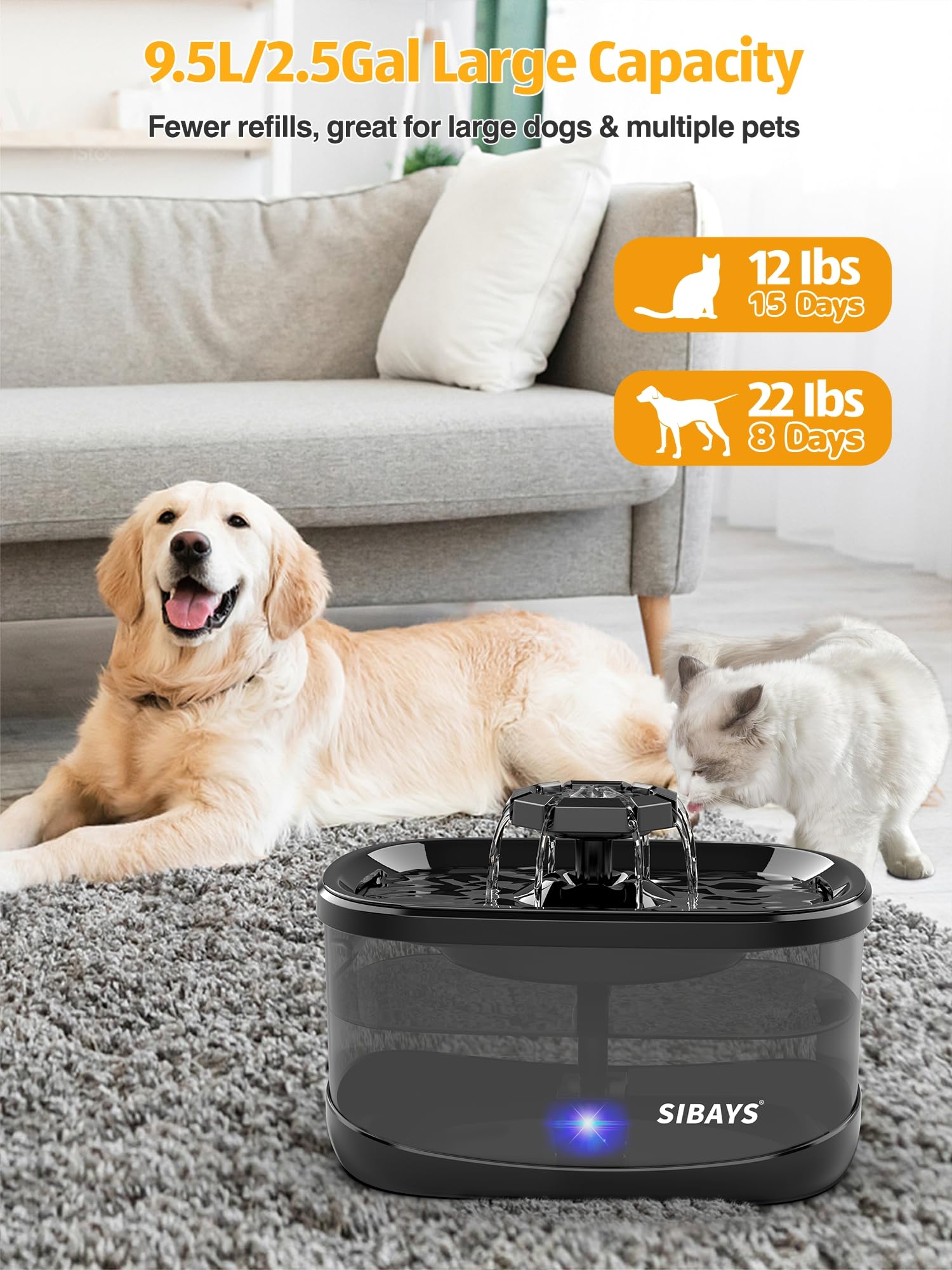 SIBAYS 2.5GAL/9.5L Dog Water Fountain, 3 Flow Modes Pet Water Fountain for Cats, Dog Water Bowl Dispenser with 7  Large Filter &