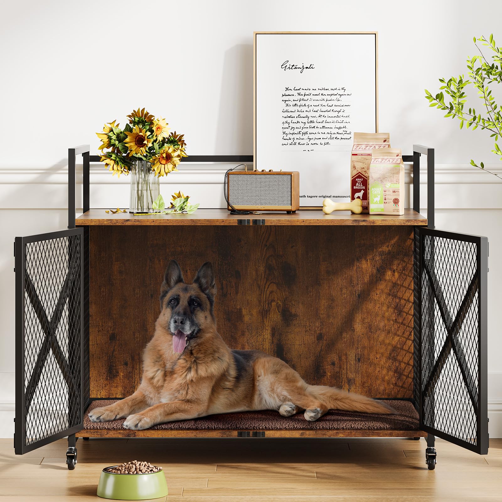 GarveeLife 31 Inch Dog Crate Furniture, Heavy Duty Decorative Dog Cage with Lockable 360 Wheels, Double Door Dog Kennel End Tabl