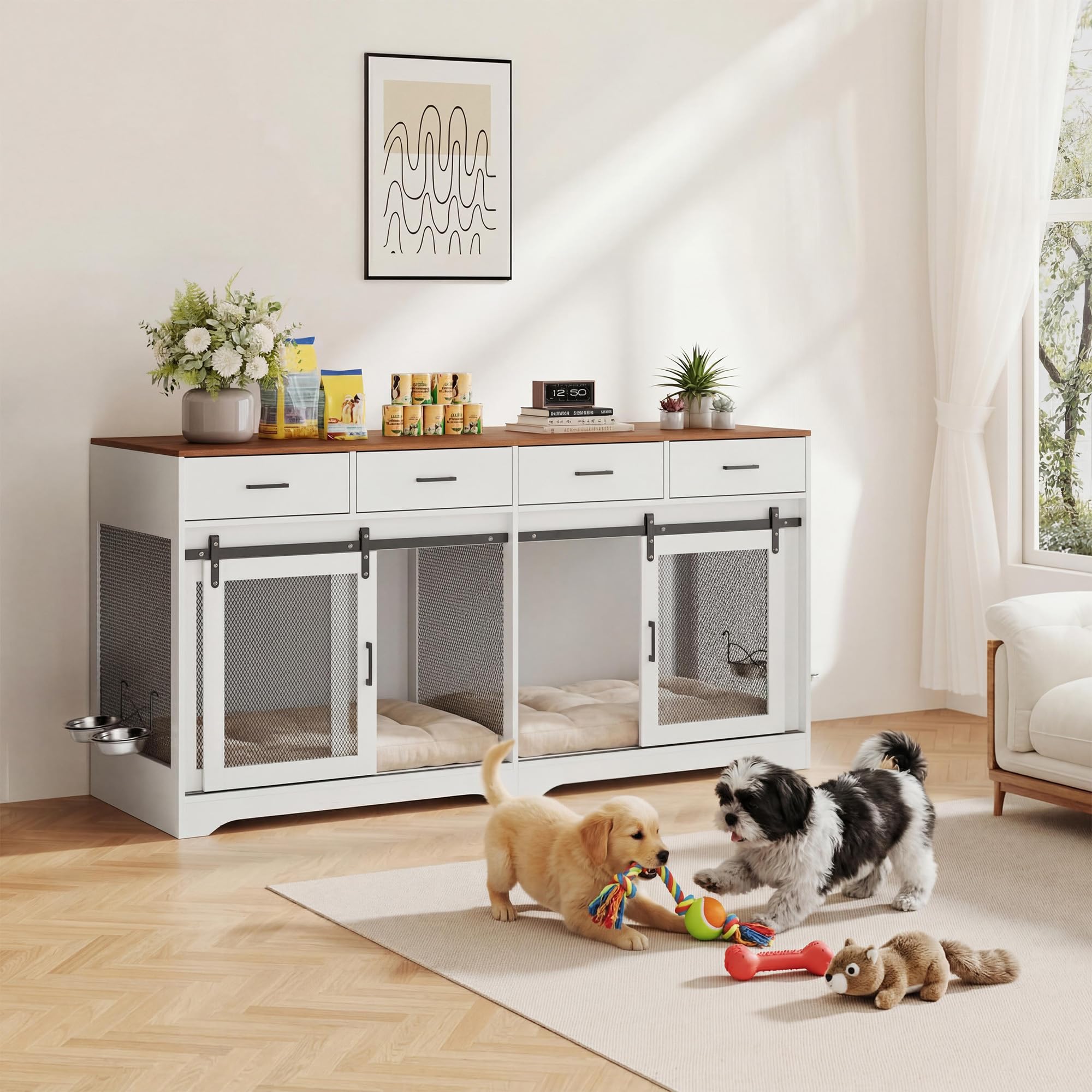 Garvee Dog Crate Furniture, 71 Dog Kennel Indoor with 4 Sliding Doors and 4 Drawers, Multi-Functiona Dog Crate with Feeding Bo