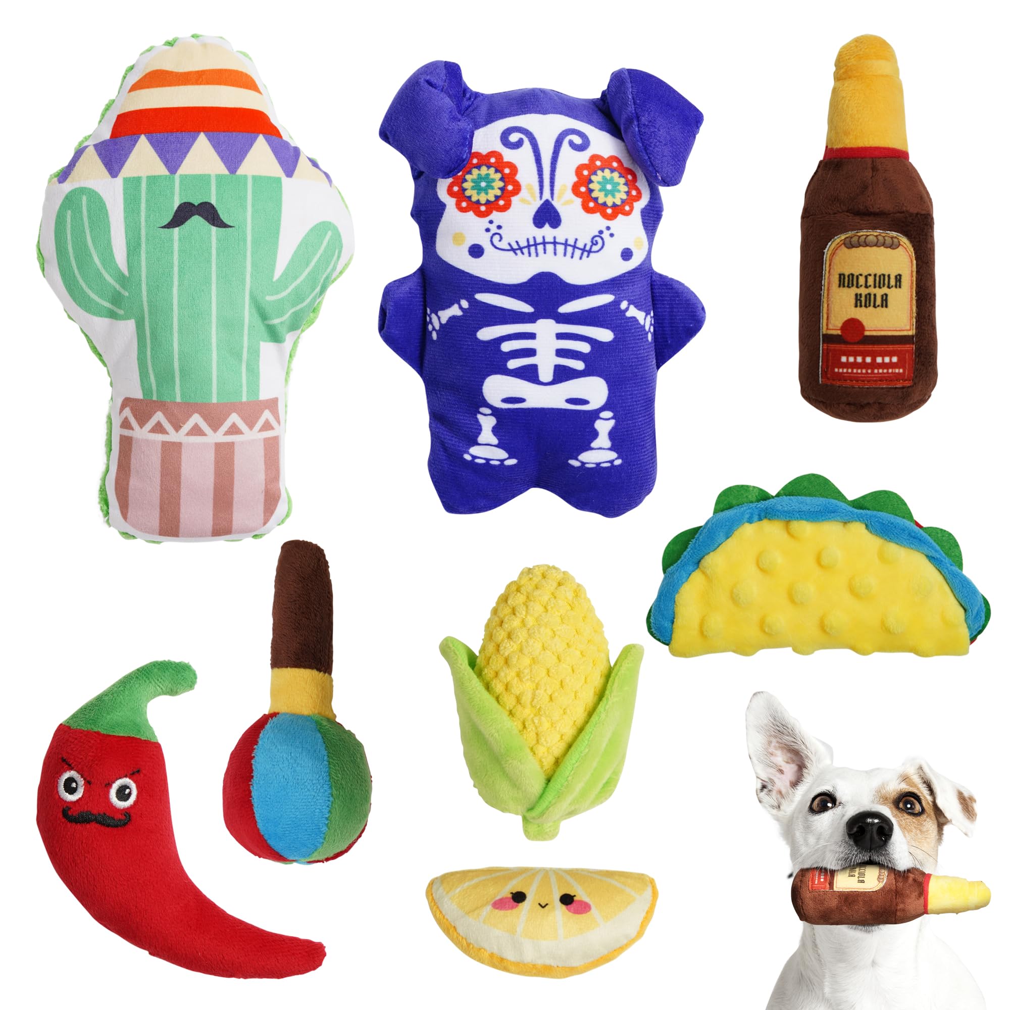 Nocciola Mexican Style Squeaky Dog Toys, Cute Soft Plush Stuffed Crinkle Chew Puppy Toys For Small Medium Breed, 8 Packs