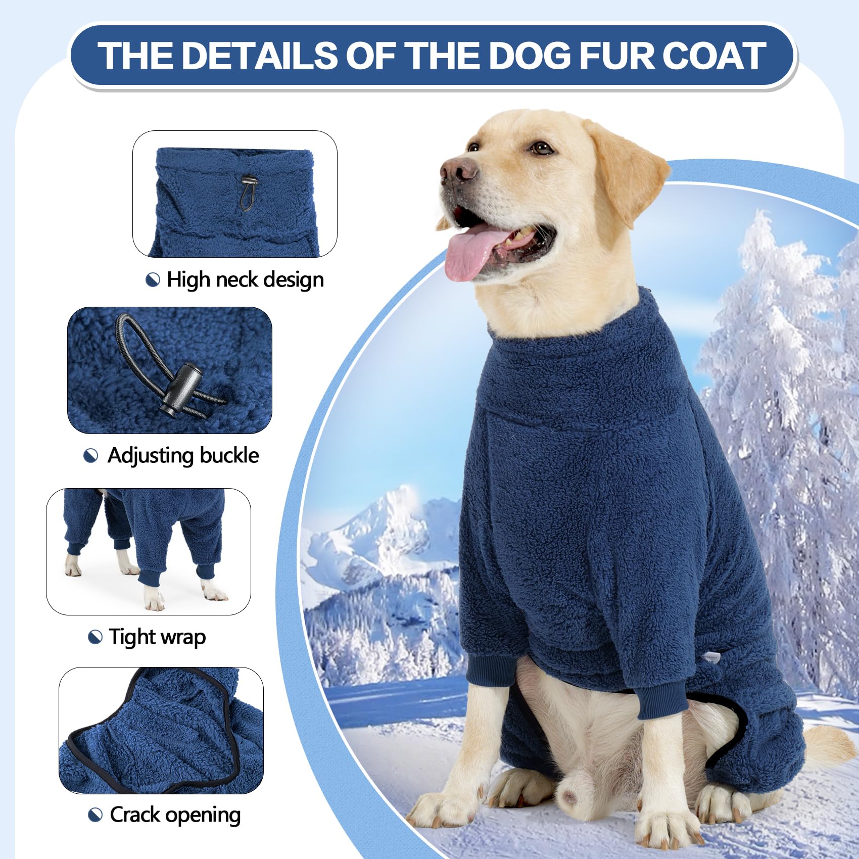 Pinellia Winter Coat - Warm Fleece Dog Jacket, Full Body Dog Pajamas Onesie, Windproof, Cold Weather, Navy Blue, 2Xl