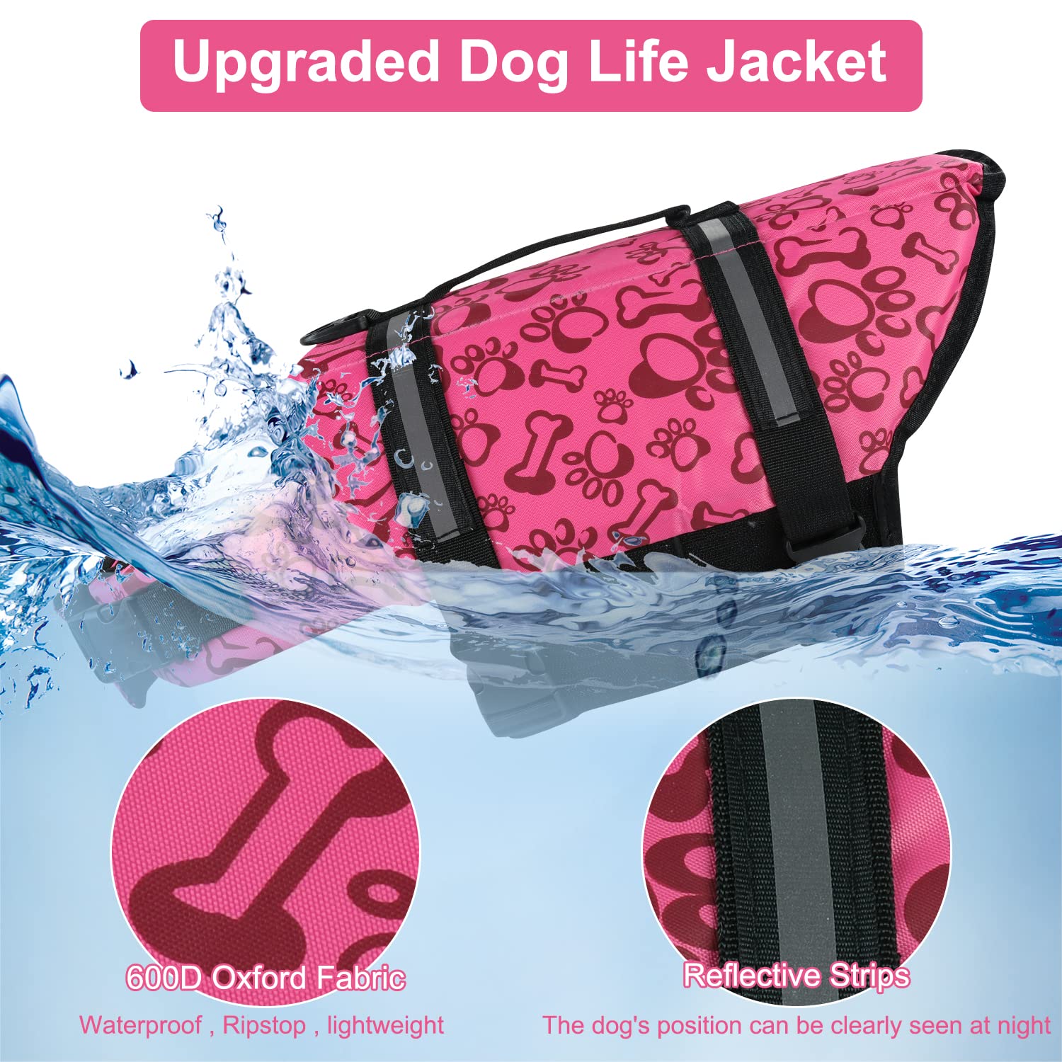 Haocoo Dog Life Jacket Vest Saver Safety Swimsuit Preserver With Reflective Stripes/Adjustable Belt Dogs?Pink Bone,M