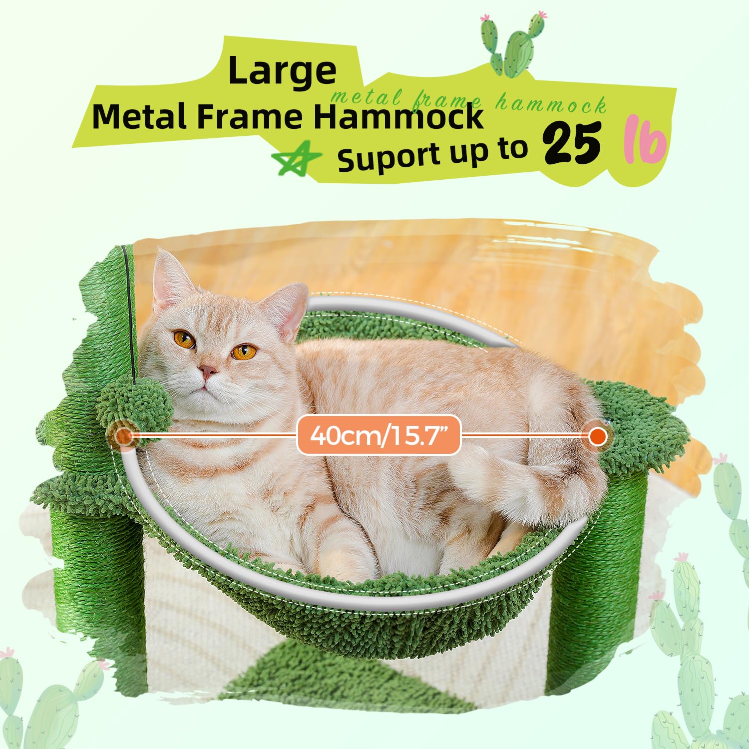 Pawz Road Cactus Cat Tree, 33 Inchs Cat Tower With Large Soft Hammock And Fully Wrapped Sisal Scratching Post For Indoor Cats