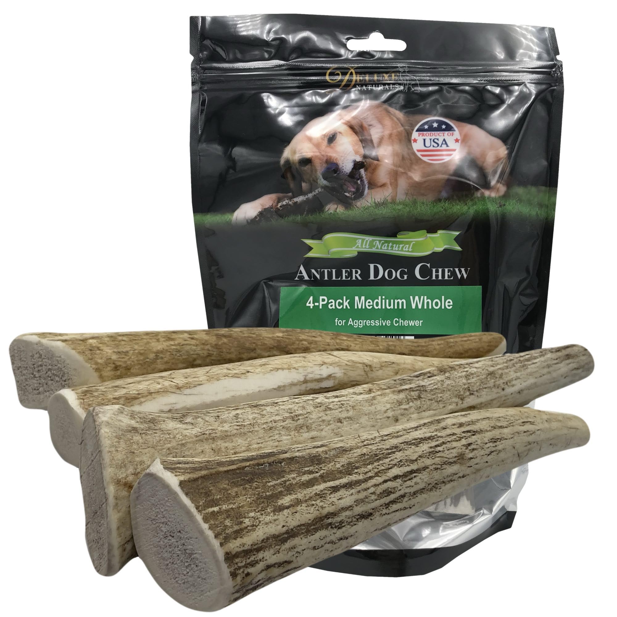 Deluxe Naturals 4-Pack Medium Whole Elk Antler Dog Chews, 5.5 to 8+ Inch Natural Long-Lasting Chew Bones for Small and Medium Do