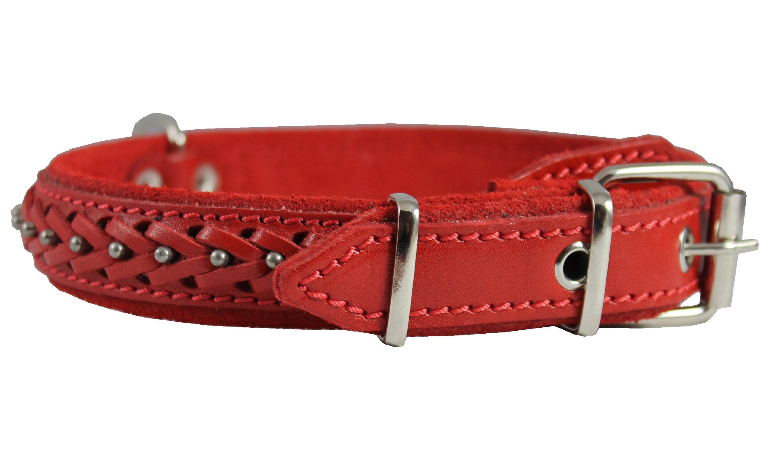Genuine Leather Braided Studded Dog Collar, Red 1 Wide. Fits 14-18 Neck. Brittany, Collie, Harrier,