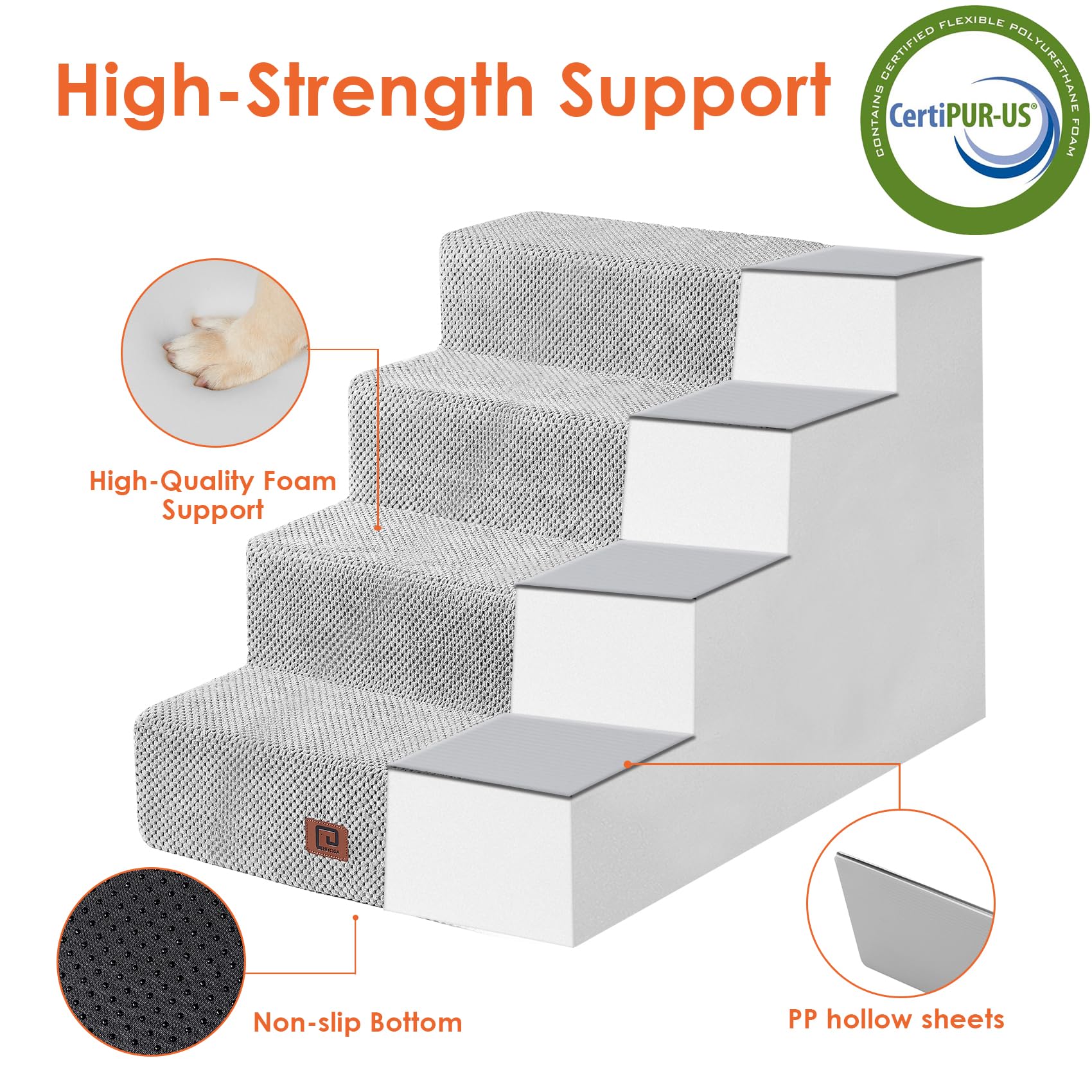 Eheyciga Dog Stairs For Bed 20”H, 4-Step Extra Wide Dog Steps For High Bed, Pet Steps For Small Dogs And Cats, Non-Slip Balanced Dog Indoor Ramp, Light Grey