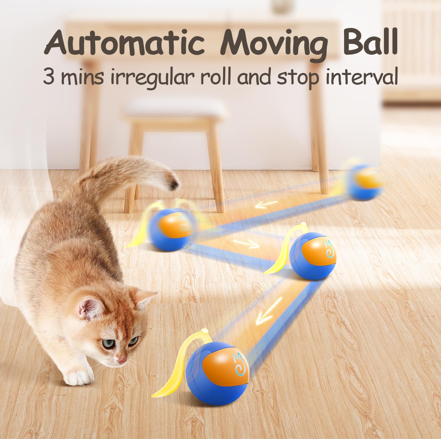 Migipaws 2-in-1 Interactive Cat Toy Ball - Blue, USB Rechargeable, Paw Friendly with Fluffy Tail for Indoor Cats
